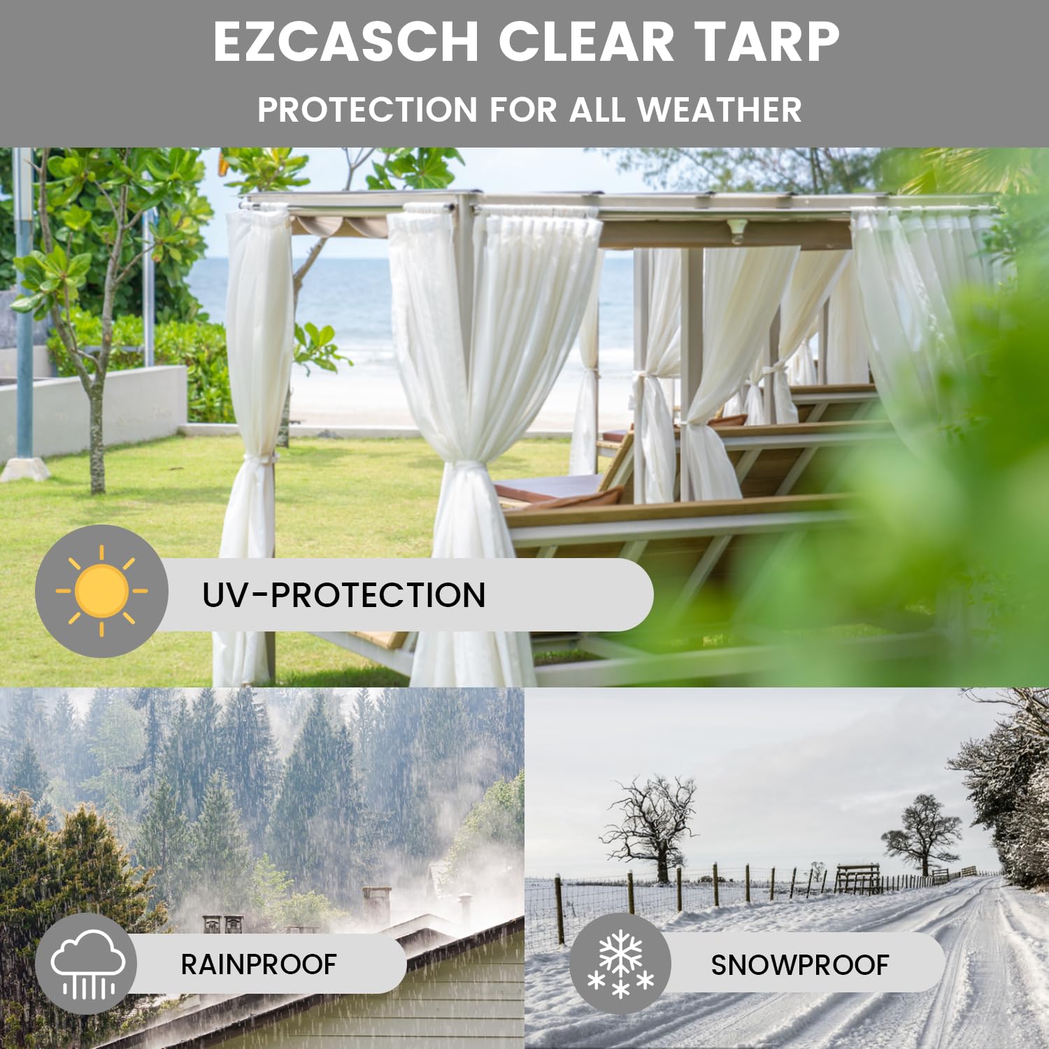 2.5x3m Plane mit Reißverschluss Wasserdicht Transparent mit Ösen - Outdoor 0.45mm Pavillonplane Durchsichtig Winddicht Schutzplane für Pergola Veranda Gazebo (Höhe x Breite, Grau)