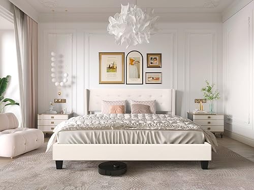 Miniatura 7 de BONSOIR Base de cama tapizada tradicional de perfil bajo con cabecera trasera de ala, no necesita somier, no necesita falda de cama, tapicería de