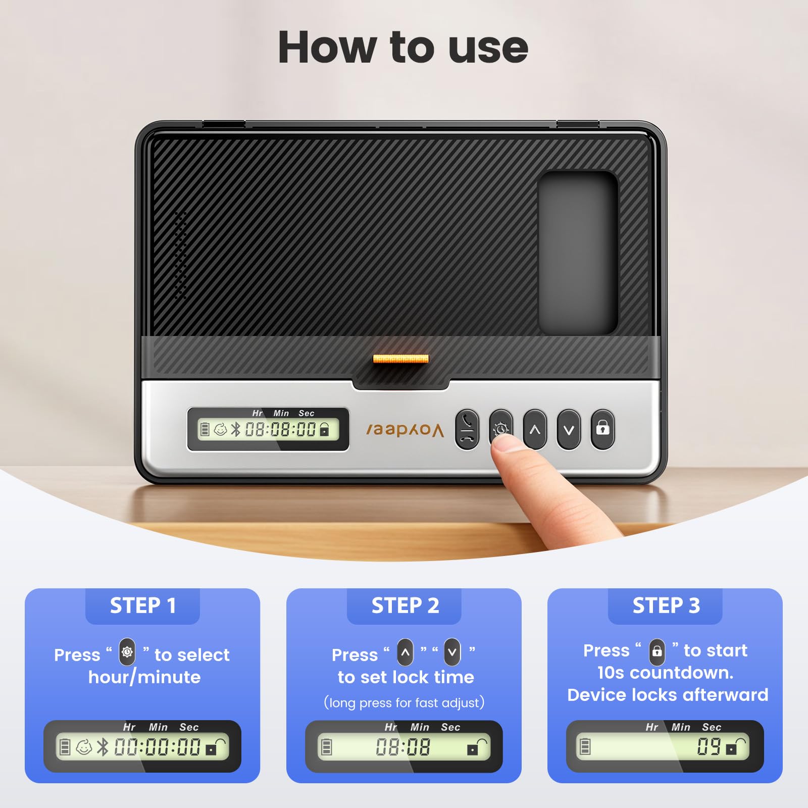 VAYDEER Boîte avec minuterie pour smartphone | Verrouillage temporisé et ouverture latérale pour limiter les distractions sans bloquer les fonctions essentielles.