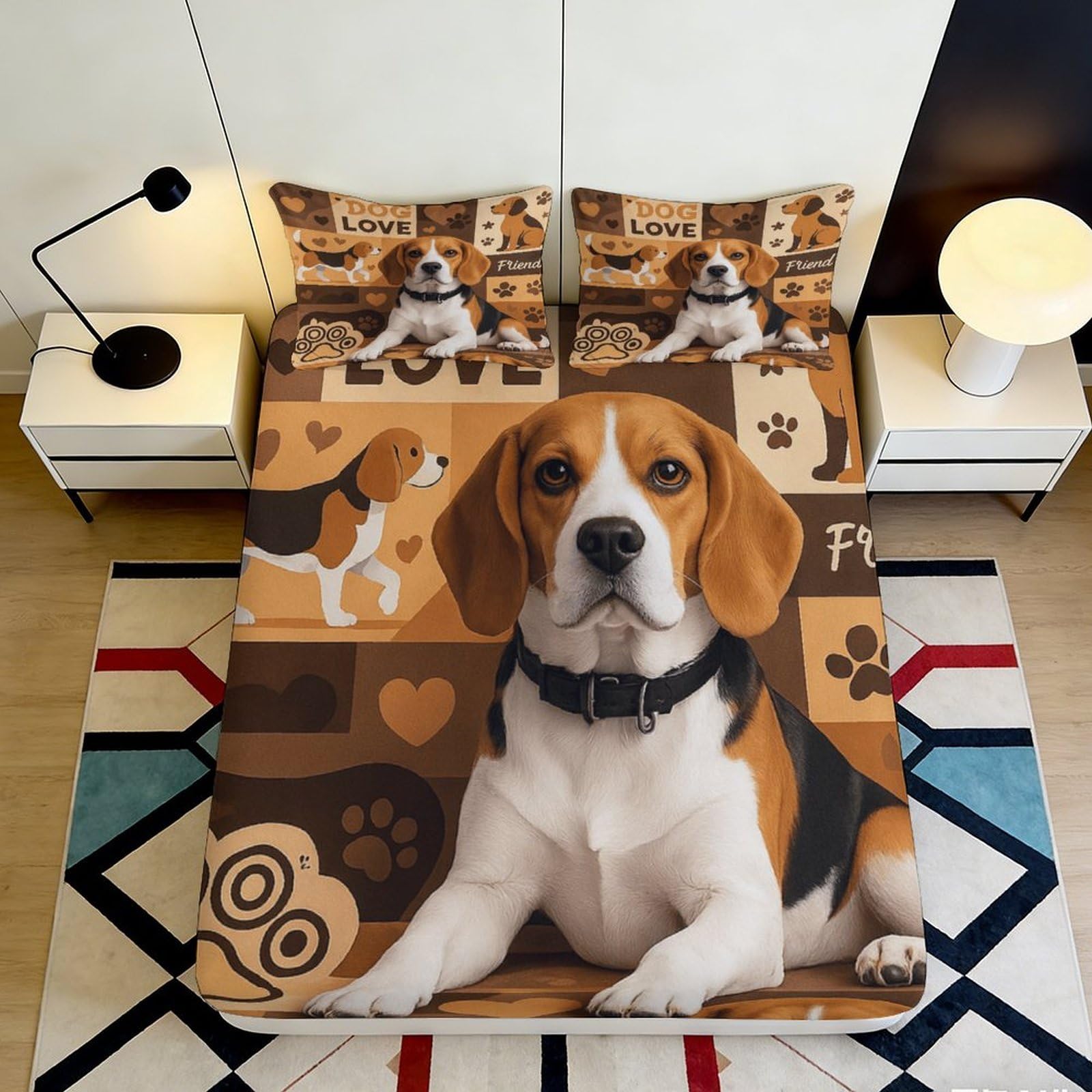 3D Printed Beagle Dog Fitted Sheet Microfiber Soft Breathable Puppy Pattern Bed Cover for Bedroom Guest Room Decor 90x200x25cm