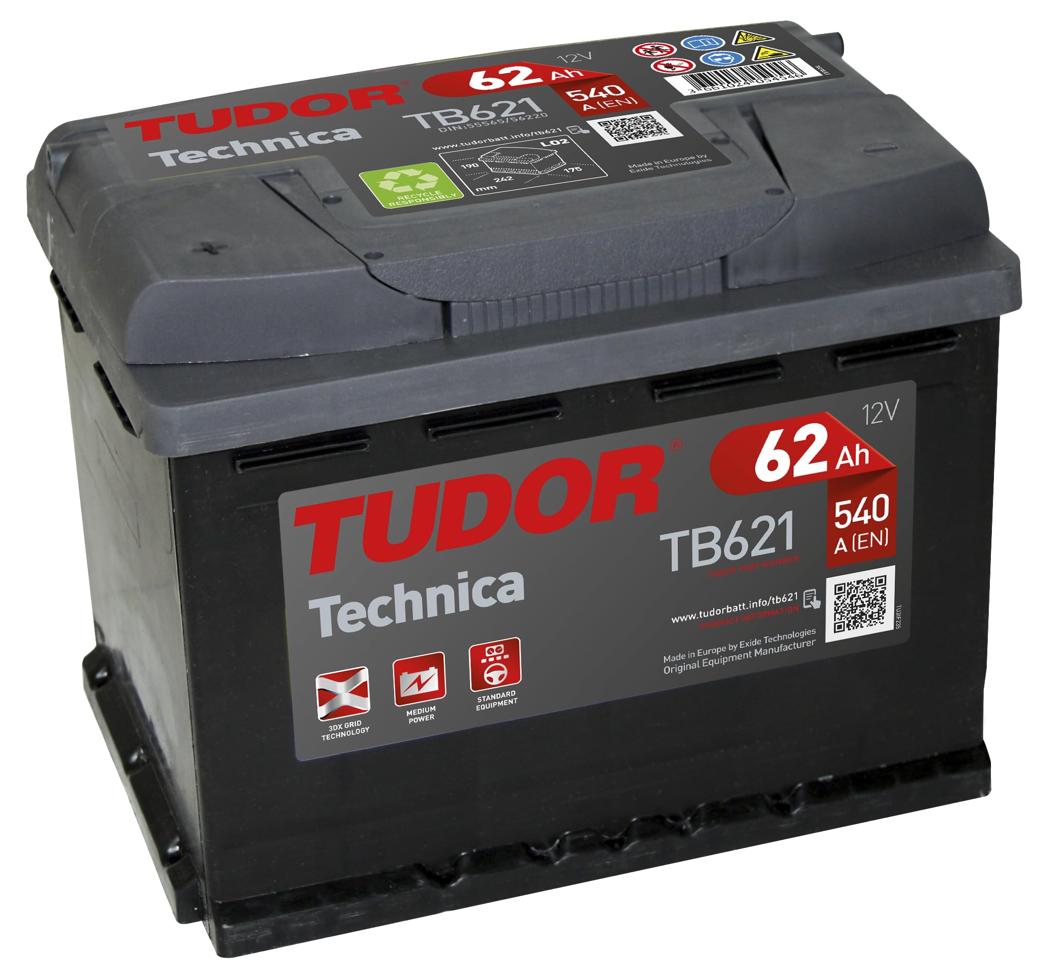 Tudor Batería para coche Tudor Exide Technica 62Ah, 12V. Dimensiones: 242 x 175 x 190. Borne izquierda.