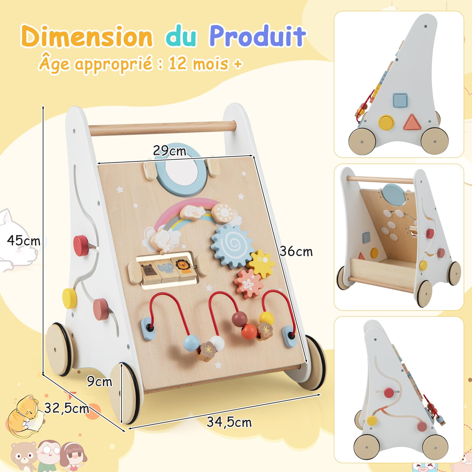 COSTWAY Chariot de Marche Bébé en Bois avec 7 Activités Interactives | Boîte de Rangement Arrière, 4 Roues avec Caoutchouc, 3 Blocs, Jouet Sensoriel, Trotteur Montessori Bébé 12+ Mois