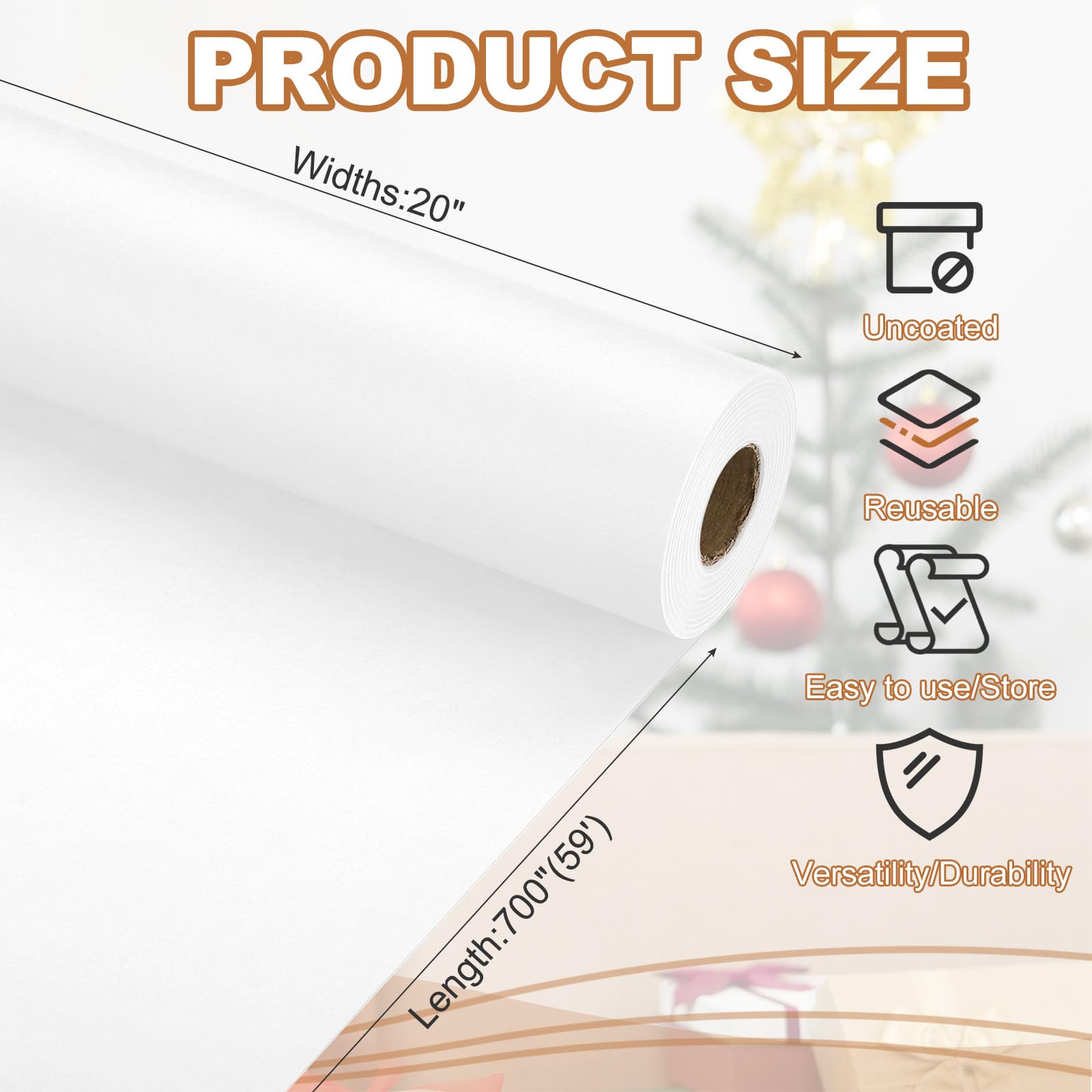 PATIKIL Wrapping Paper, 20" x 700"(59') 70 GSM Craft Paper Roll Kraft Packing Paper for Poster Bulletin Board Gift Wrapping, White - Image 2