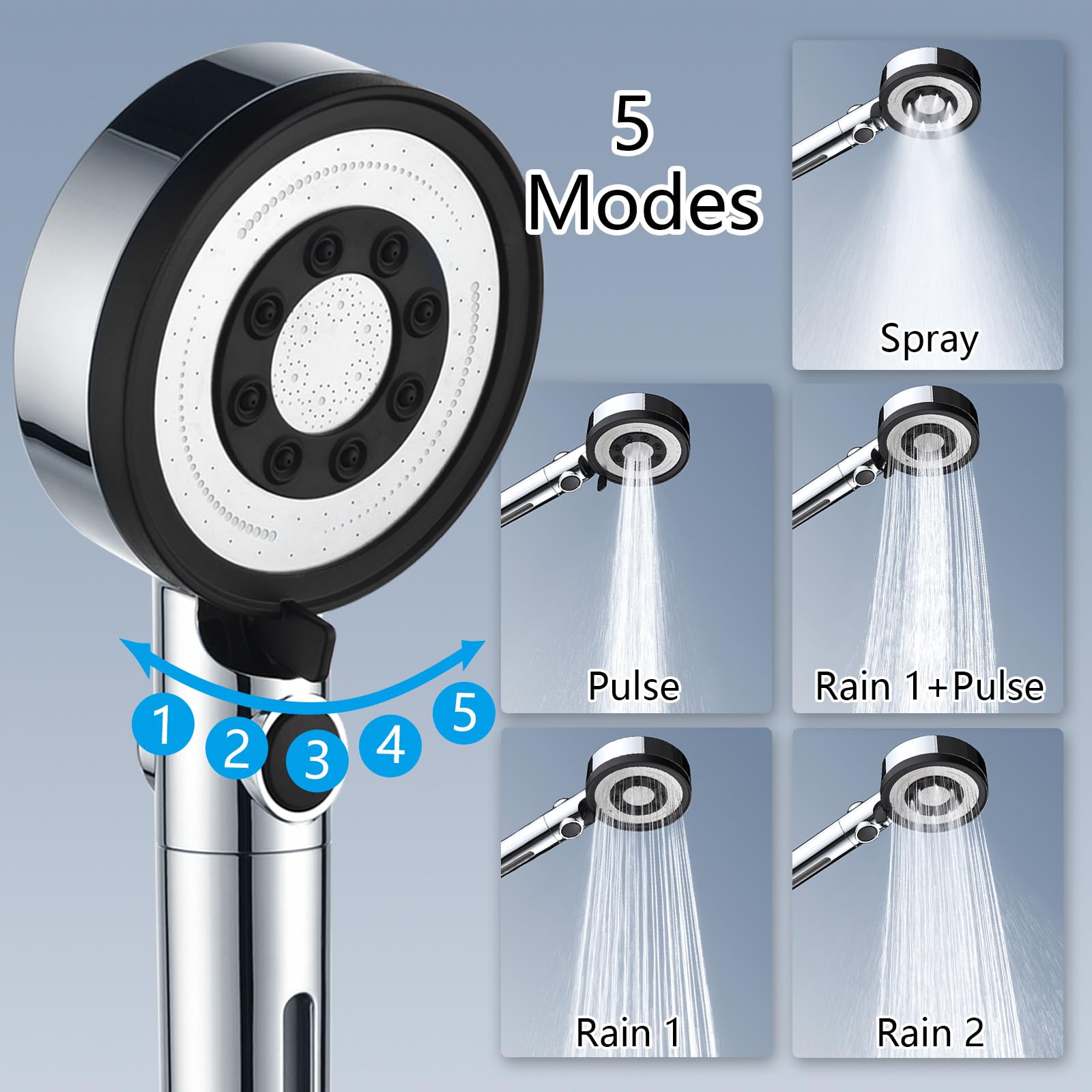 Nafall High Pressure Shower Head, Hard Water Filter Shower Head with Hose 1.5M, 5 Modes and Pause Switch - Image 4