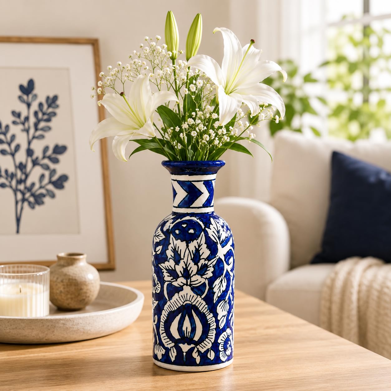 Handcrafted Blue Pottery Ceramic Flower Vase | Traditional Floral Decorative Table Vase for Living Room, Bedroom & Office | Artistic Home Decor Centerpiece | NGO Support Gift-image-45