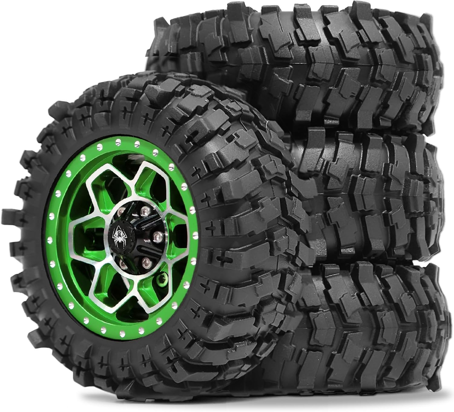 REDSPIDER Metal 1.9'' Beadlock Wheels and Crawler Tires OD 88MM/3.46'' (4PCS) for 1/12 RC Crawler MJX H12Y+ MN-128 MN82S LC79 ﻿ (Green)