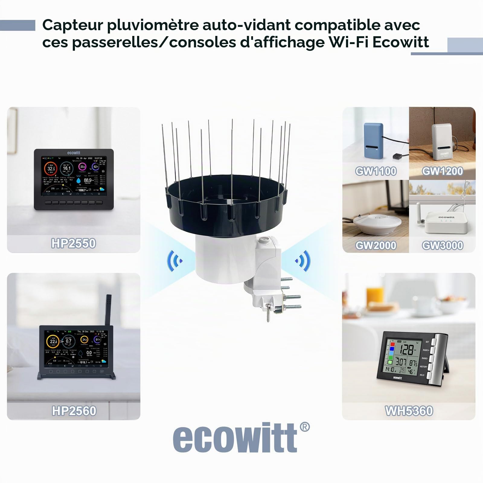 ECOWITT pluviomètre WH40, collecteur de pluie auto-vidange à domicile, pluviomètre sans fil, wi-fi pluviomètre, capteur, enregistrement des précipitations avec clou d'oiseau, ne peut pas être utilisé