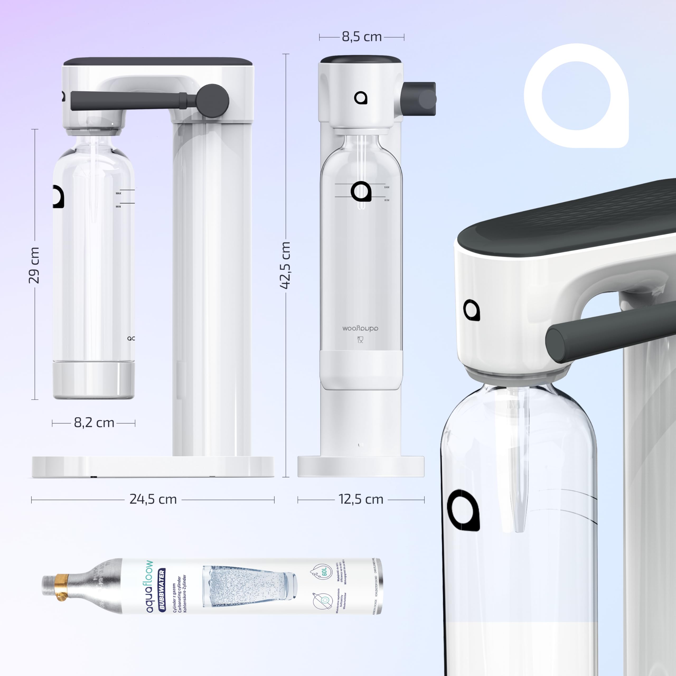 Aquafloow Gasatore per Acqua con Cilindro CO2 e 2 Bottiglie da 800 ml senza BPA – Macchina per Acqua Frizzante senza Elettricità – Design Elegante per Casa o Ufficio
