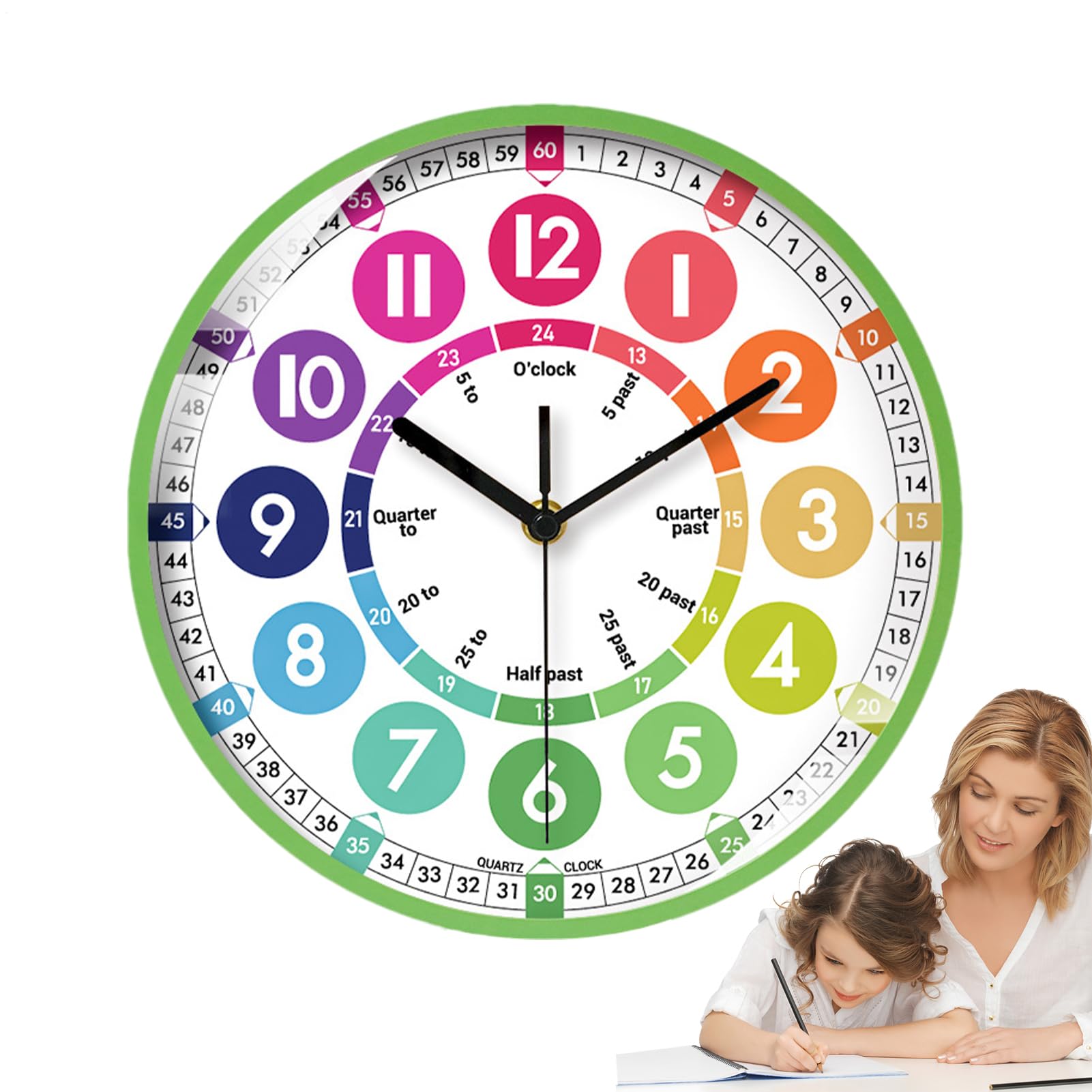 Educational Kids Wall Clock - Silent Battery Operated Analog for Learning Time | Long Lasting Creatives Kids Teaching Clocks for Study Room Colorful Learning Clock Decor Classroom Study Room Use