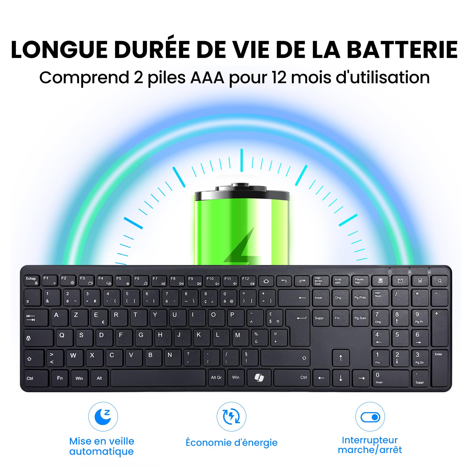 INFINMIND Clavier Sans Fil AZERTY, Ultra-Mince Clavier Silencieux Sans Fil avec 2,4 G USB Récepteur /Type-C,19 Raccourcis Multimédia Numérique Pavé Longue Batterie Autonomie pour Desktop,MAC,Windows