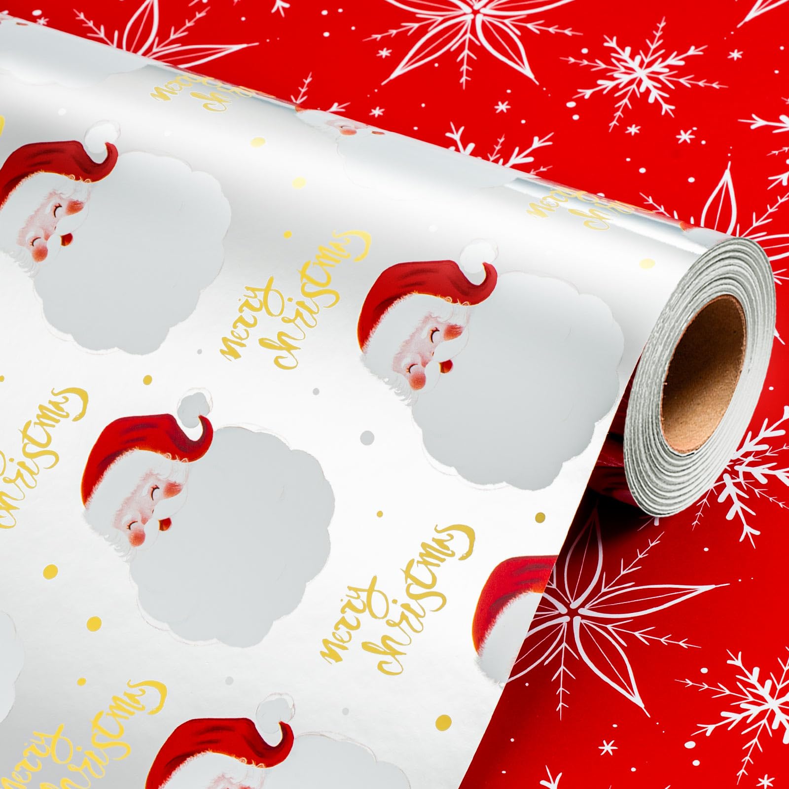 Wikadlik Reversible Christmas Wrapping Paper - Cute Laughing Santa Claus Red Snowflake Design Silver Gift Wrap Paper - 43cm x 10m โ image 1