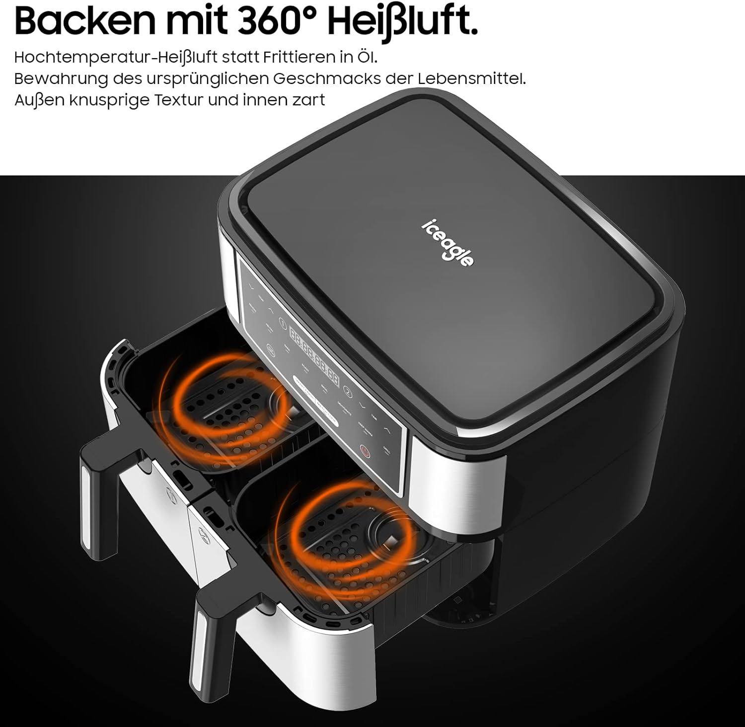 Iceagle Friggitrice ad Aria Doppio Cestello, Friggitrice Senza Olio, Risparmio Energetico capacità 9 L, 2 scomparti, 8 modalità, Timer, 2600 W Iceagle Friggitrice ad Aria Doppio Cestello, Friggitrice Senza Olio, Risparmio Energetico capacità 9 L, 2 scomparti, 8 modalità, Timer, 2600 W