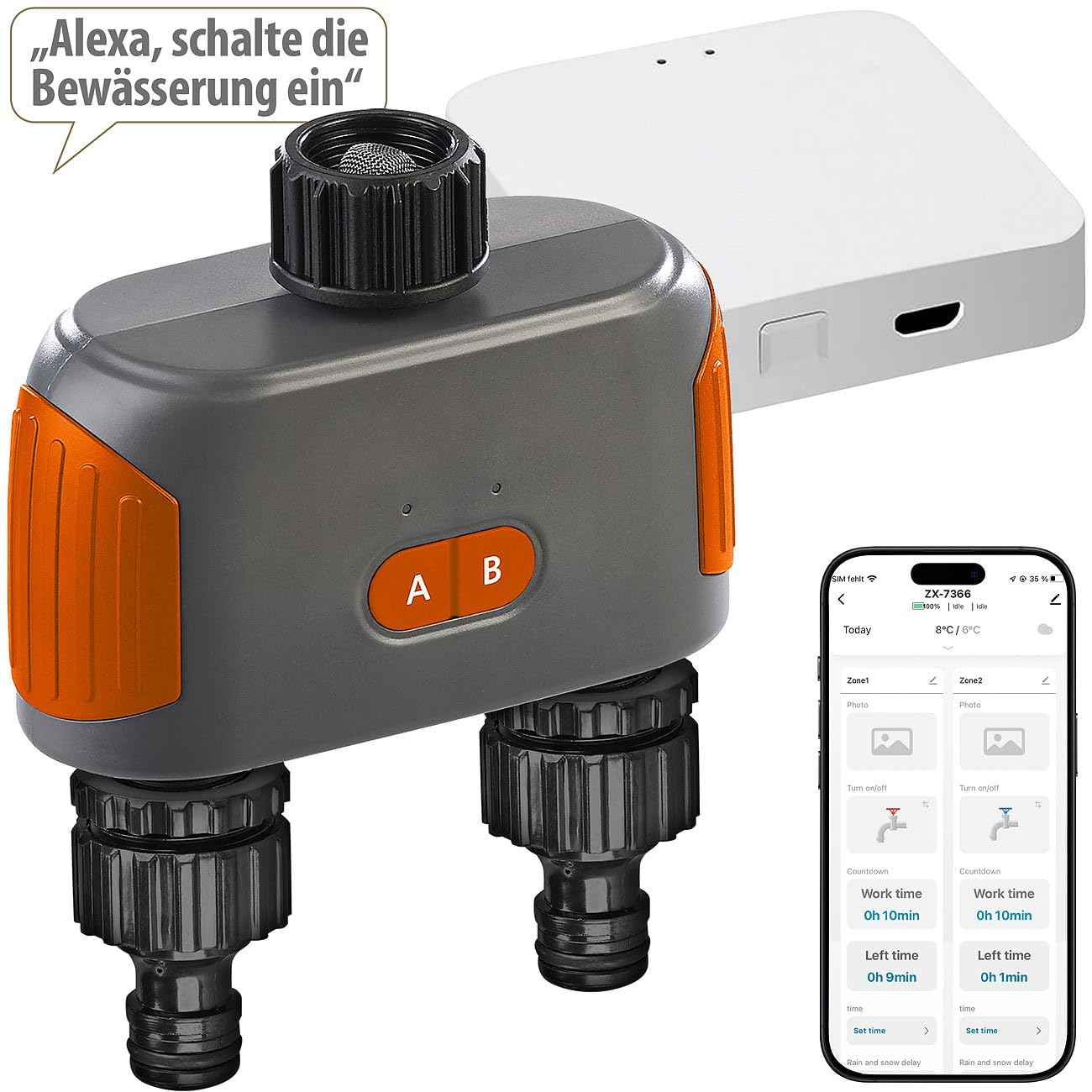 Royal Gardineer Bewässerungsventil WLAN: 2-Zonen Bewässerungssystem, Timer, manuell & App, BT5 & WLAN Gateway (WiFi Bewässerung, Bewässerungscomputer, Garden)