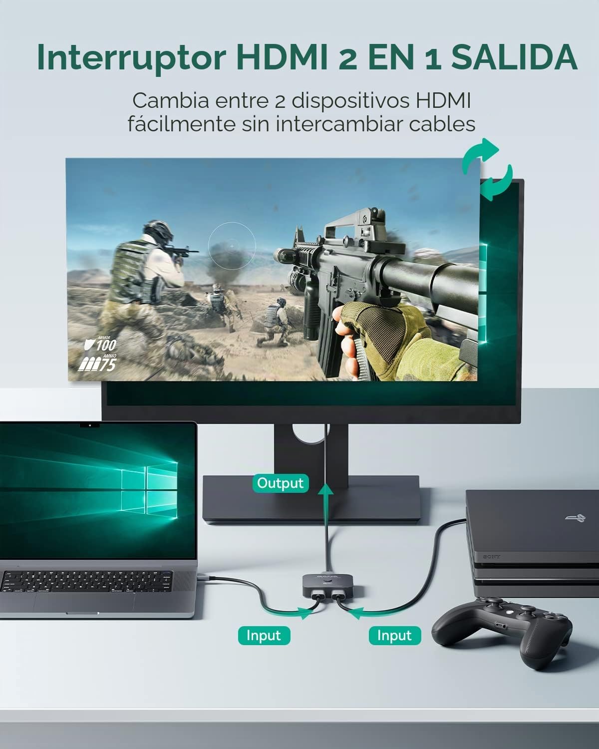 Divisor HDMI 8K @60Hz 4K @120Hz, GANA HDMI 2.1 Switch, Aluminio Bidireccional HDMI Switcher 2 en 1 Out o 1 In 2 Out HDMI Verteiler, HDMI Umschalter Unterstützt 8K 4K für PS5 HDTV Xbox