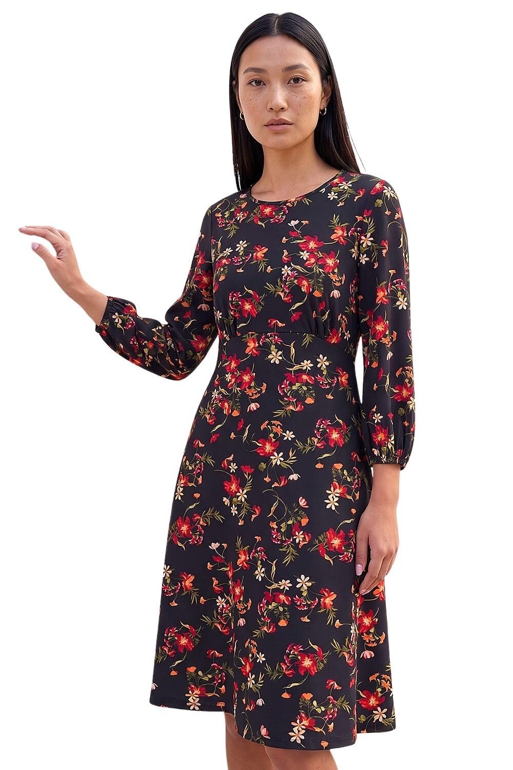Roman Women Gathered Chest Dress Ladies Stretchy Fit & Flare Swing Tea A Line Skater Knee Length Long Sleeve Midi Smart Casual Work Going Out Cocktail Party