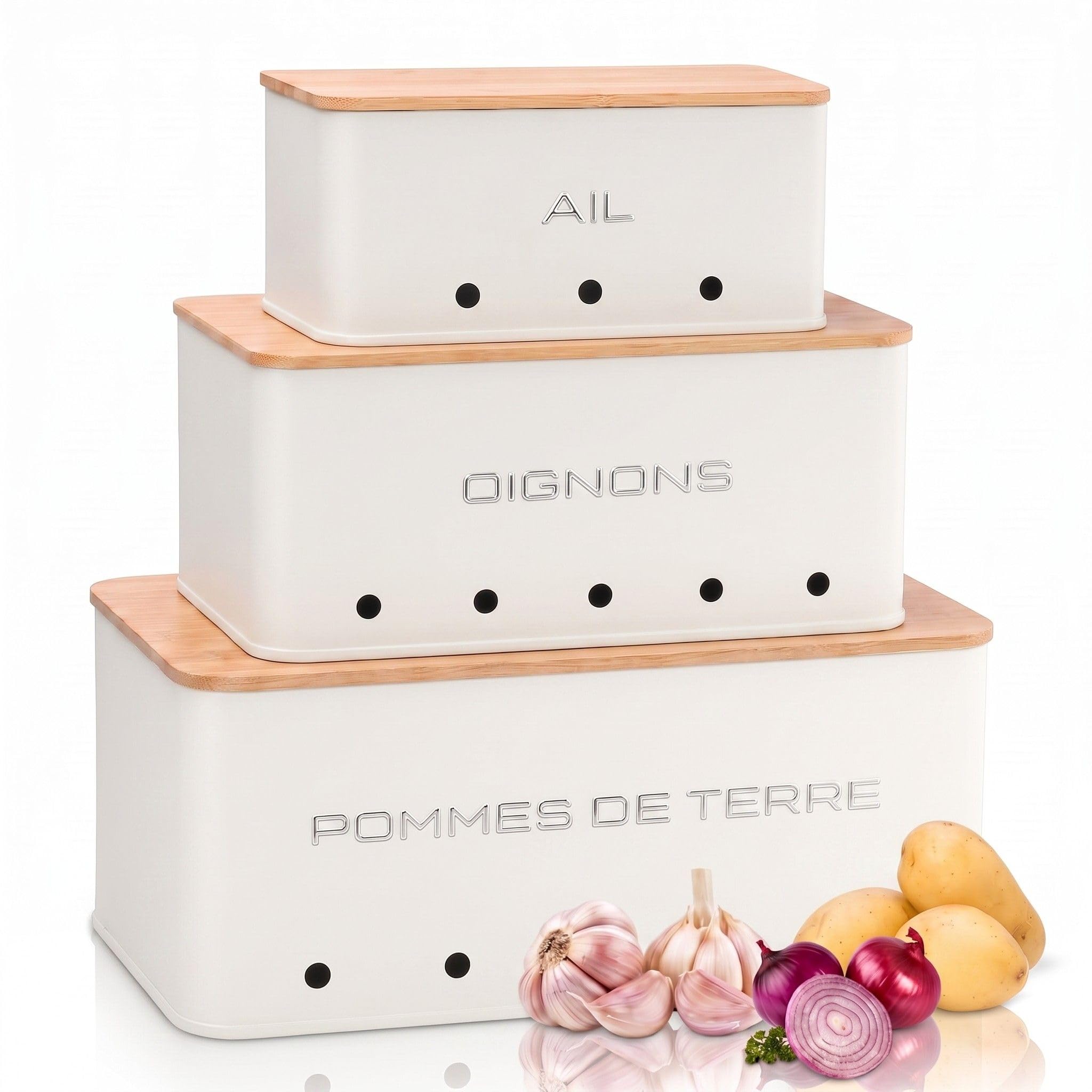 Boîte Pomme de Terre Oignon Ail, Lot de 3 Légumes, Rectangle Blanc Mat
