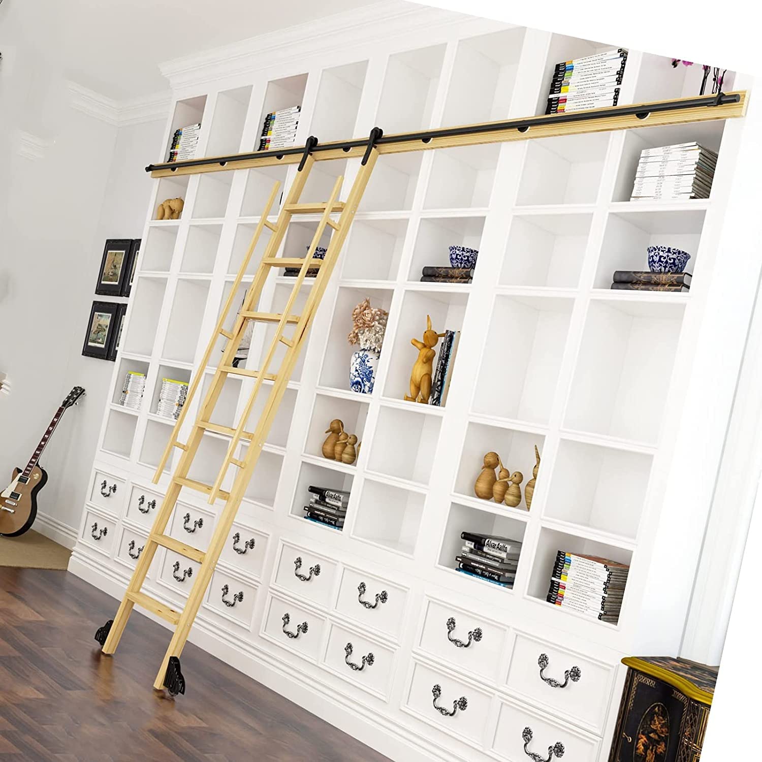 MRVAKDYDI Retractable Rolling Library Ladder Rails Kit, Library Sliding Ladder Hardware Kit Barn Door Mobile Track Carbon Steel Multiple Sizes(500cm(16.4 ft) track kit)