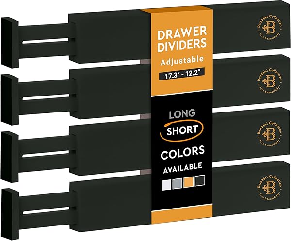 4-Pack Bamboo Drawer Dividers - 2.6" High, 12.5"-17" Adjustable Drawer Organizers for Clothes, Expandable Dresser Separators in Bedroom/Bathroom/Kitchen/Office Organization and Storage (Black)
