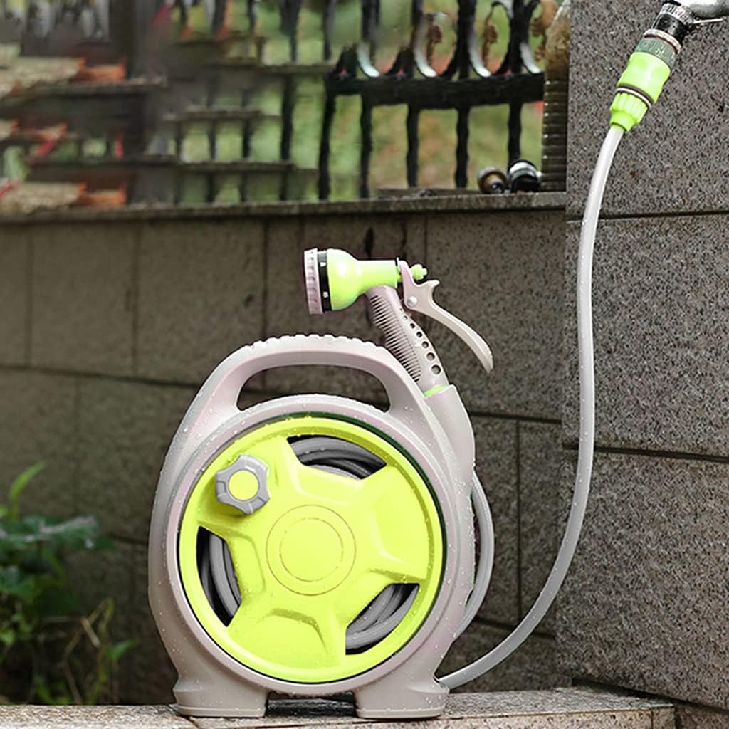 Garden Hose Reel Cart Small,Outdoor Portable Car Wash Hose Storage Rack, Household Mini ABS Hose Cart with Water Gun, Gardening Watering Set (Color : Rose Red, Size : +DN15 13.5m Pipe)