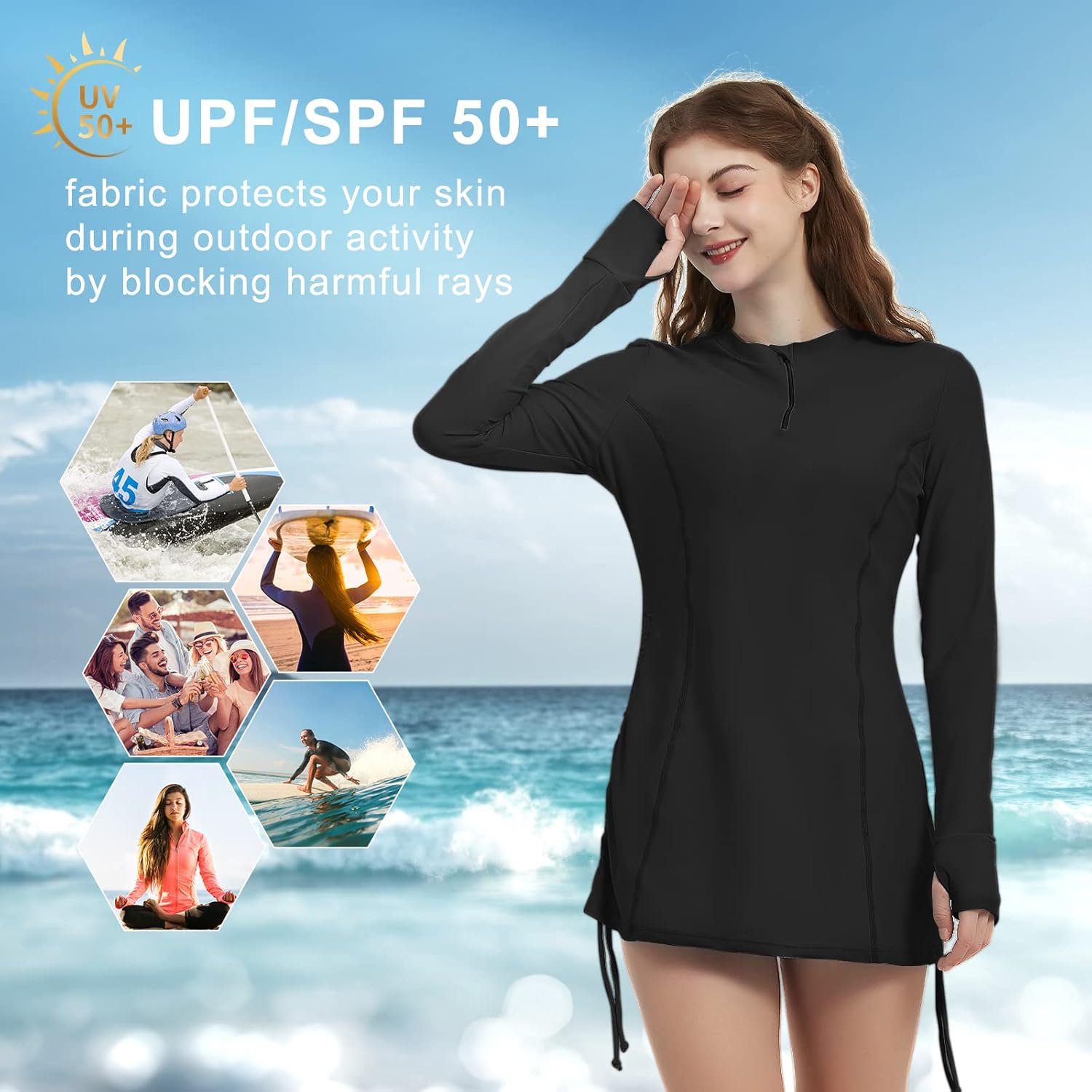 LilyCat Women's Rash Guard Long Sleeve Sun Protection Clothing Half Zip Swim Shirt Side Adjustable Swimsuit Tops - Image 6