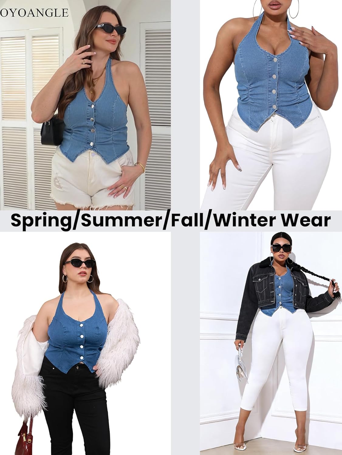 OYOANGLE Women's Plus Size Denim Top Button Front Halter Sleeveless Ruched Jean Vest Tank Concert Outfits - Image 6
