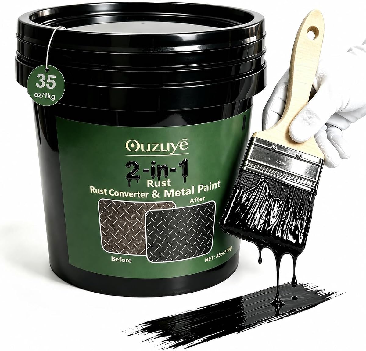 Convertidor de óxido 2 en 1 para metal, reformador de óxido negro de 35 onzas, pintura inhibidora de encapsulador de óxido resistente al calor para chasis de coche, marco de camión, remolque, valla, barandilla, superficies metálicas