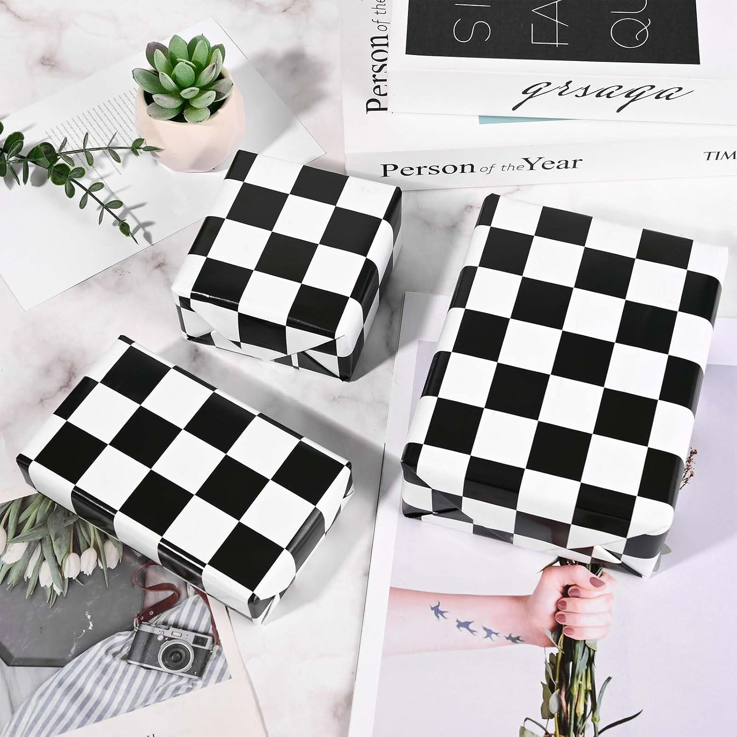 Sanixin 12 Sheet Checkered Flag Wraping Paper Black White Racing Car Gift Wrap Paper for Birthday Party Baby Shower Racing Themed Party DIY Craft, 27.6 × 19.7 Inches image 5