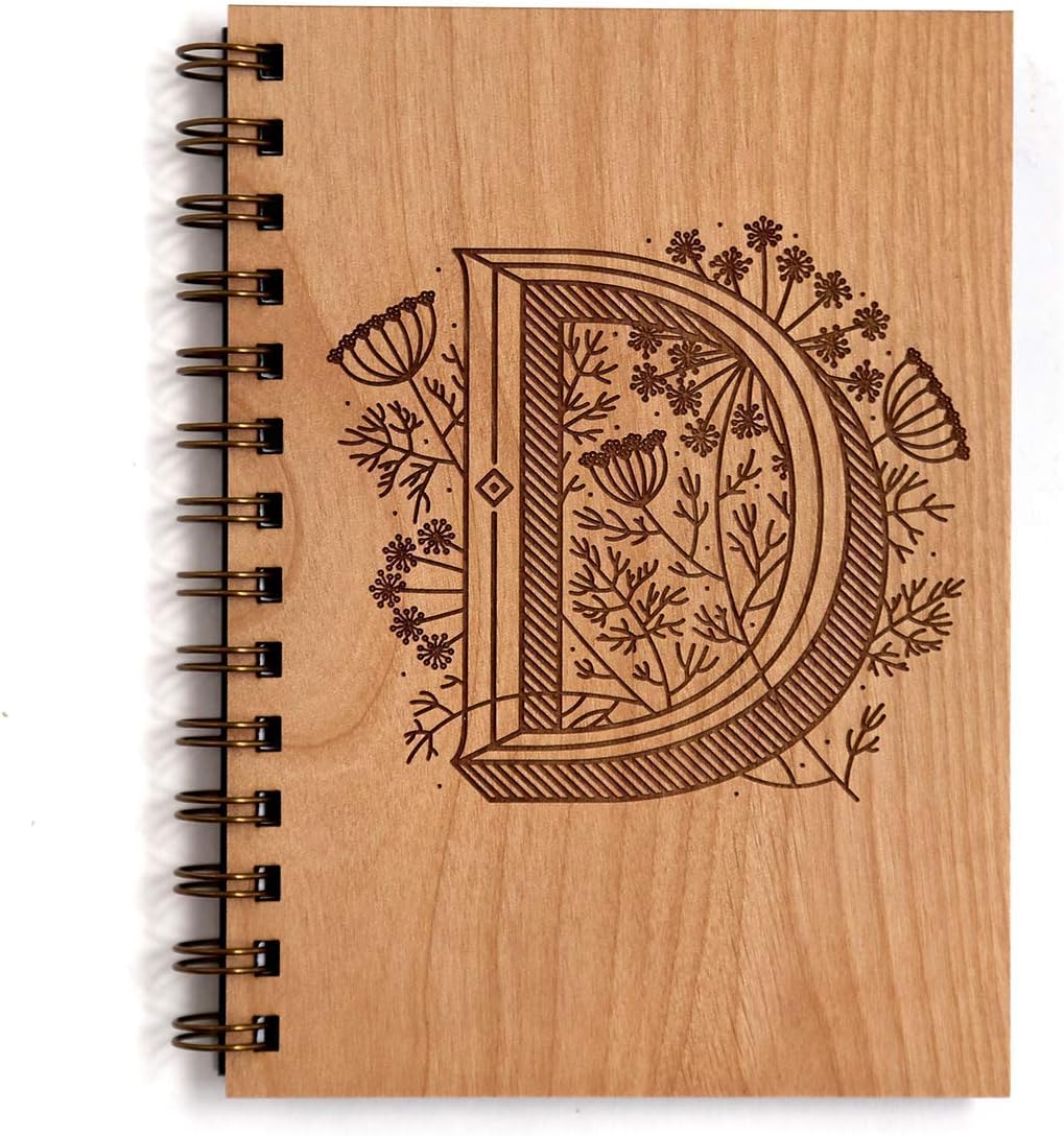 Floral Monogram D Wood Journal - Other Letters Available [Notebook, Sketchbook, Spiral Bound, Blank Pages]