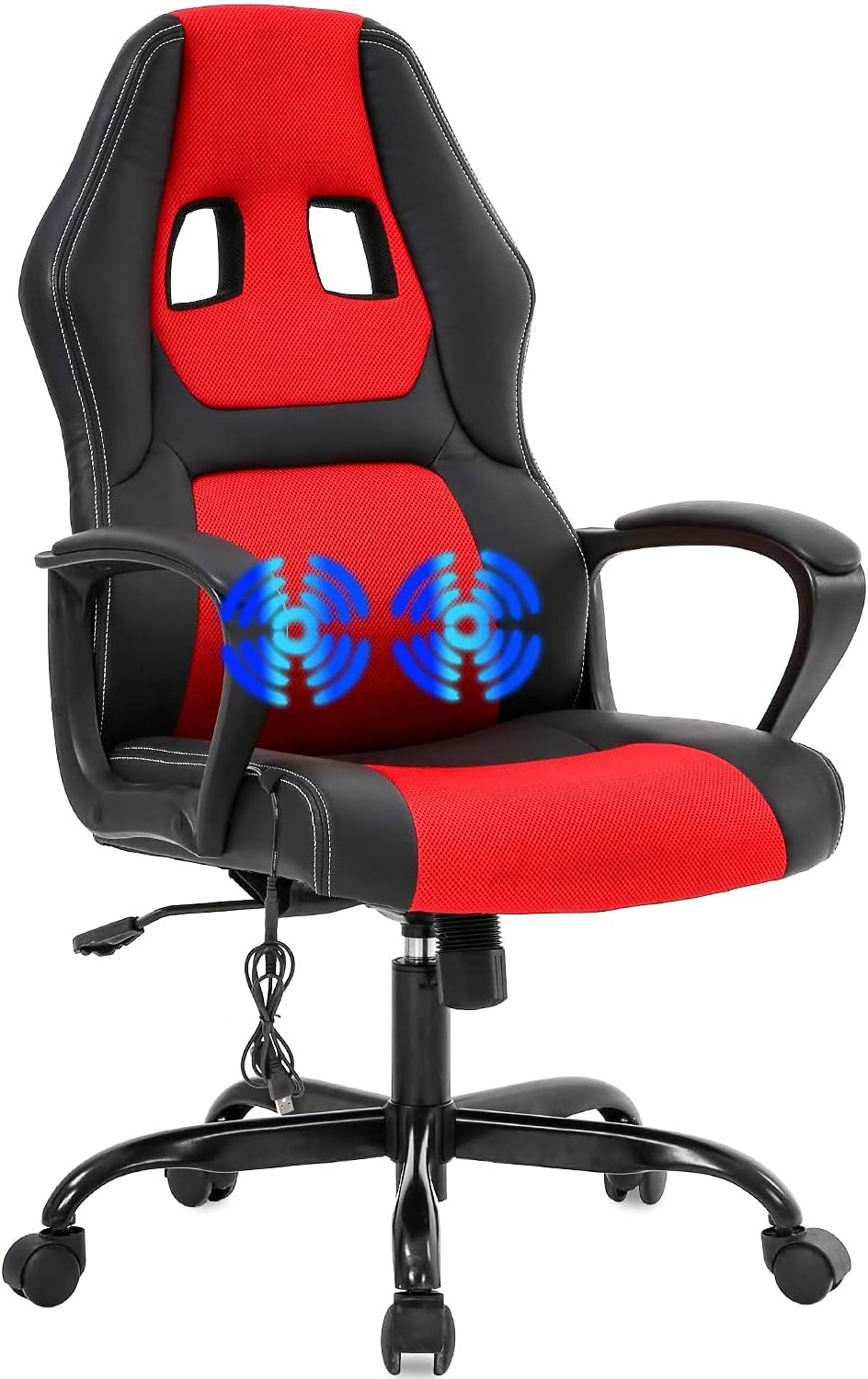 Red and black gaming chair with blue pulsating circles indicating the lumbar massage area.