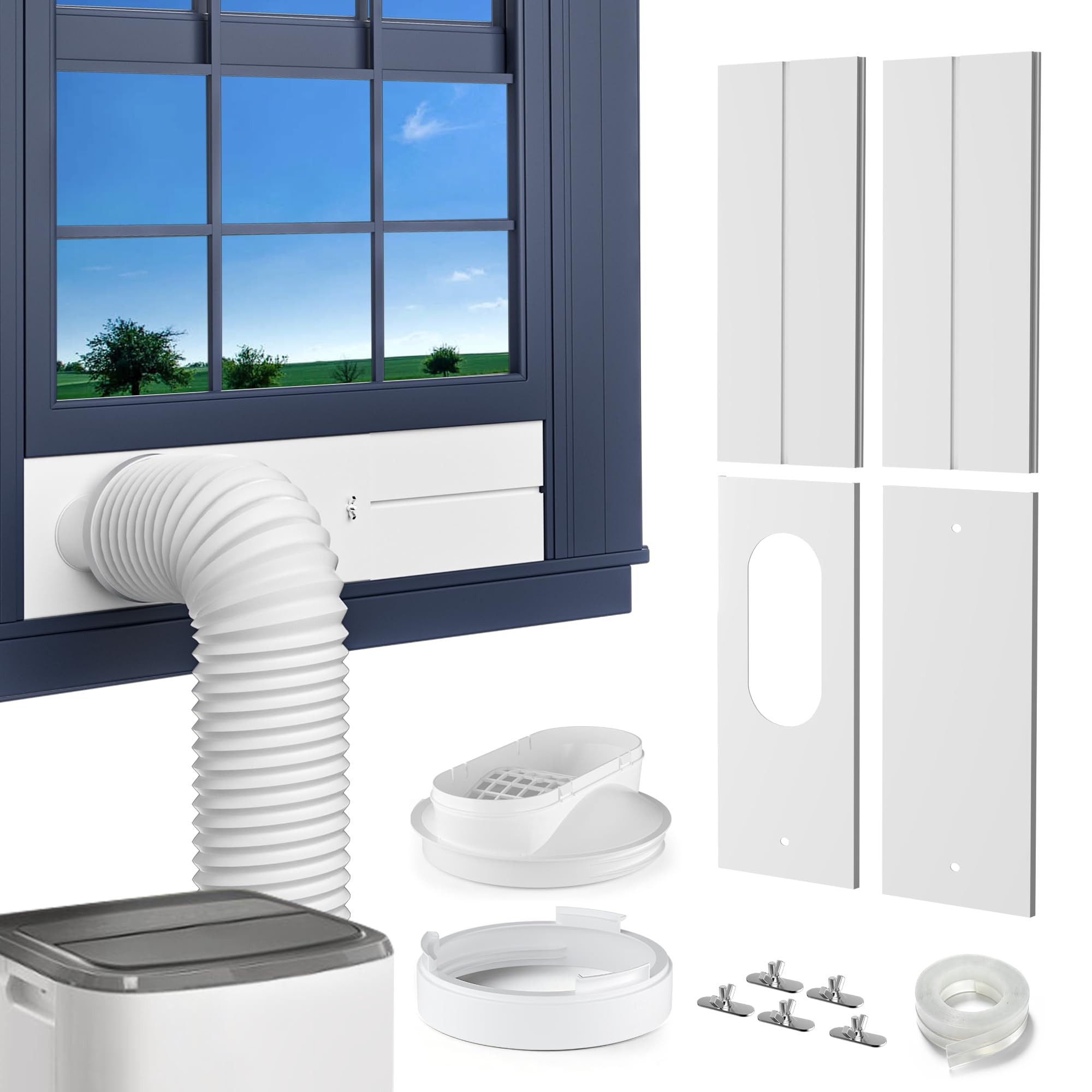 Portable AC Window Vent Kit, with 5.9" Exhaust Hose, 5.9" Coupler and Bird Guard, Adjustable Air Conditioner Window Seal Kit Length Range (17" to 63"), Universal Sliding AC Vent Kit