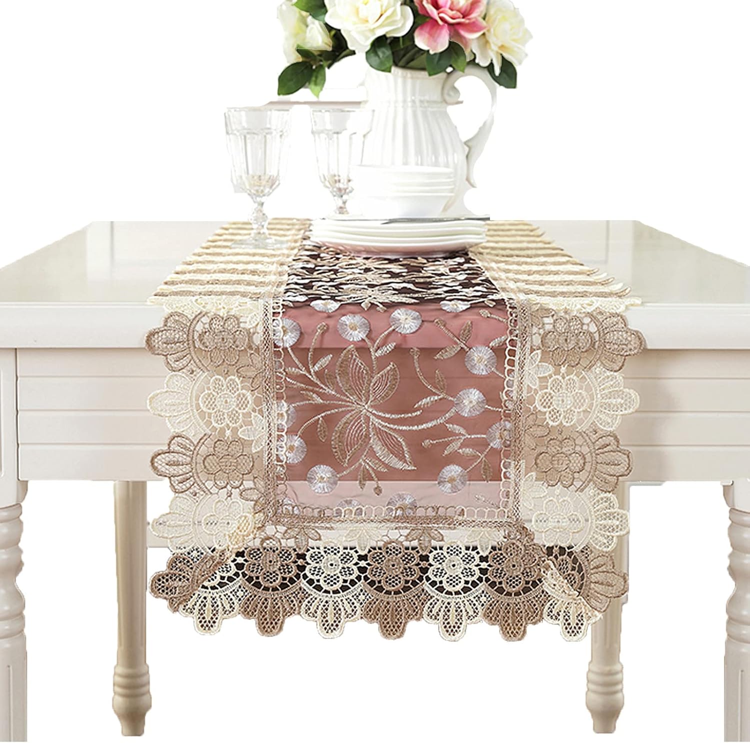 Lace Flower Embroidered Burgundy Table Runner Rectangle Farmhouse Dresser Scarf for Wedding Party Bridal Shower Dining Room Coffee Table Decor 16 x 70 Inch, Burgundy