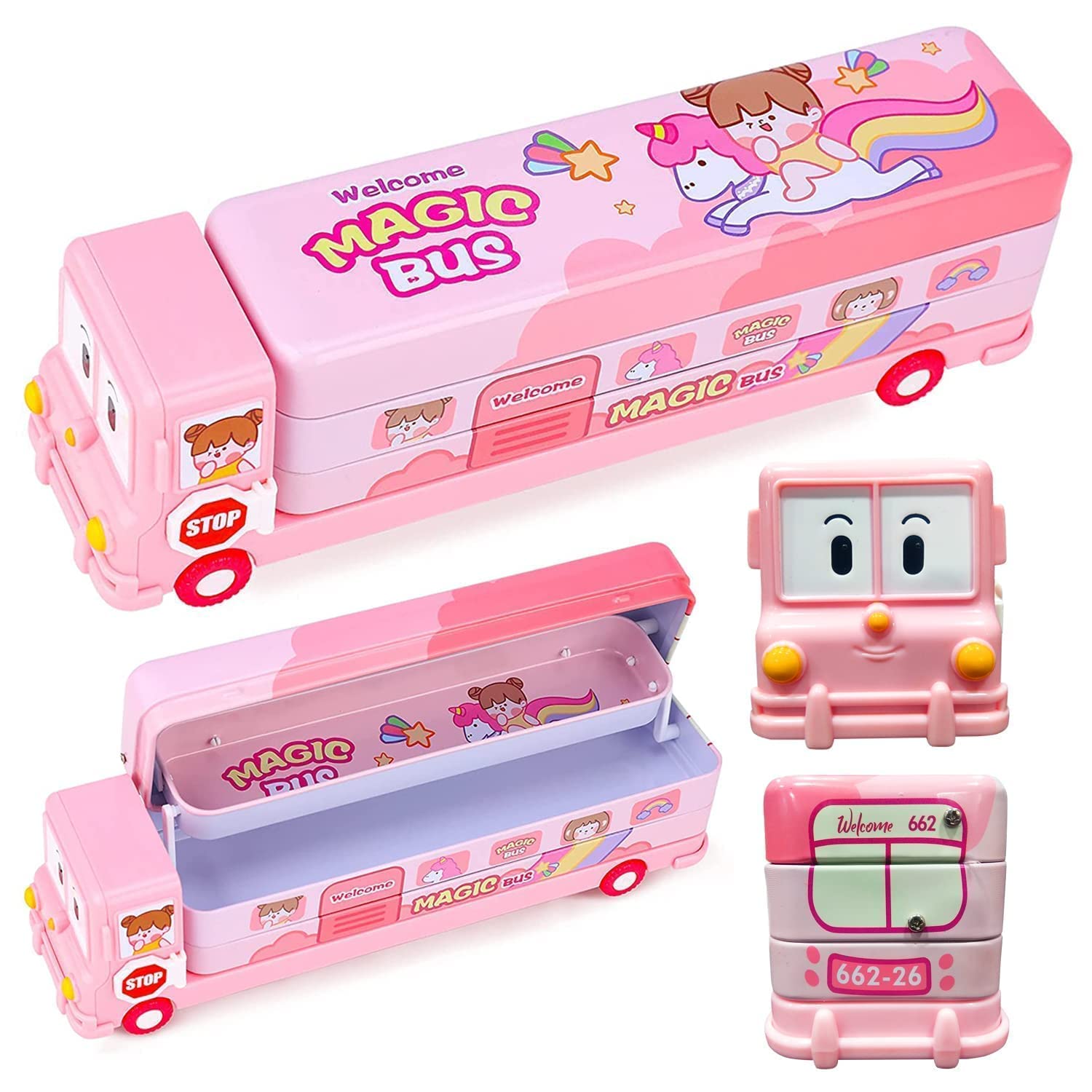QUEBLISS Metal School Pencil Box for Girls and Boys, Compass Box for Girls with Wheel, Stylish School Bus and Train Geometry Box for Boys, Pencil Box Set Toys for Kids 3+ Years Pack of_1 (Pink) (B0DDJ8Y9VR) Amazon Price History, Amazon Price Tracker
