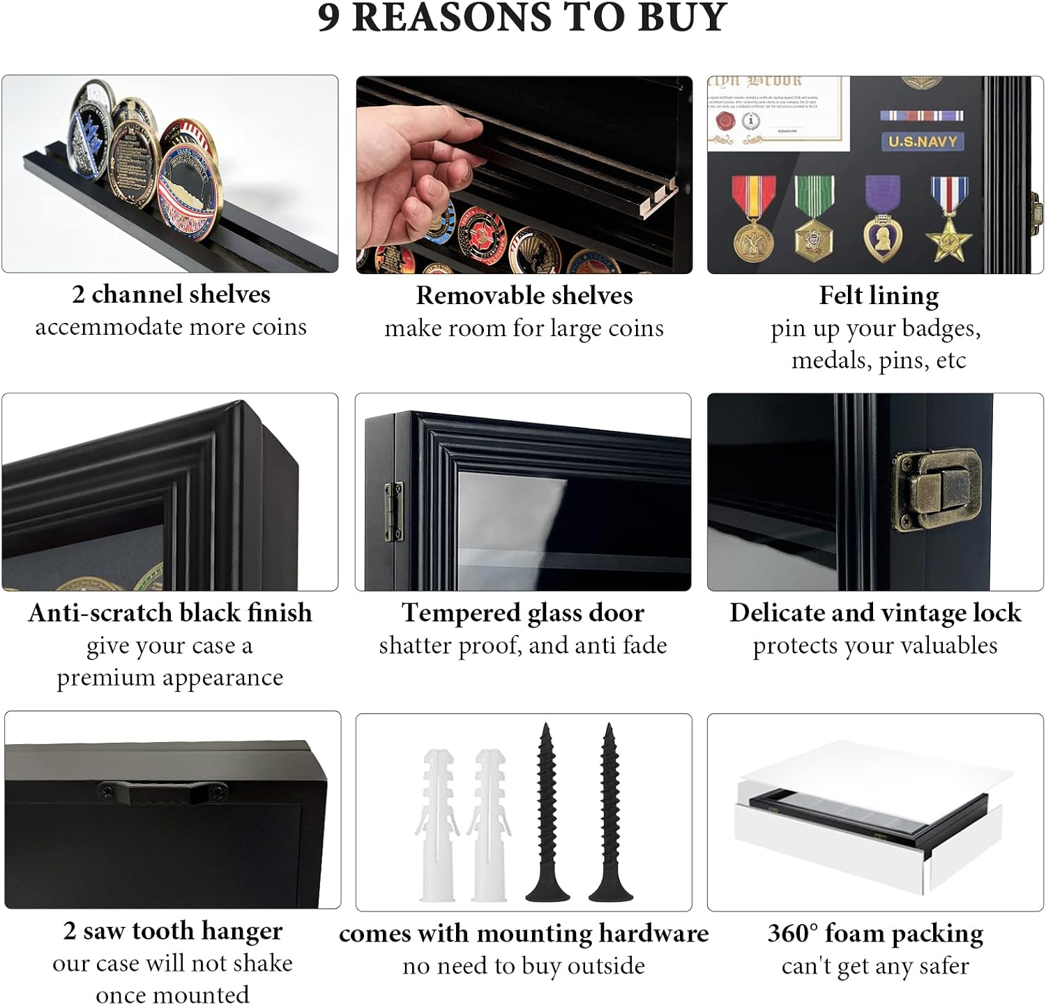 Military Challenge Coin Display Case with HD Tempered Glass - 5 Rows Medal Display Case Cabinet Rack Shadow Box with Removable 2 Grooves Shelves Poker Chips Coin Holder for Collectors, Black