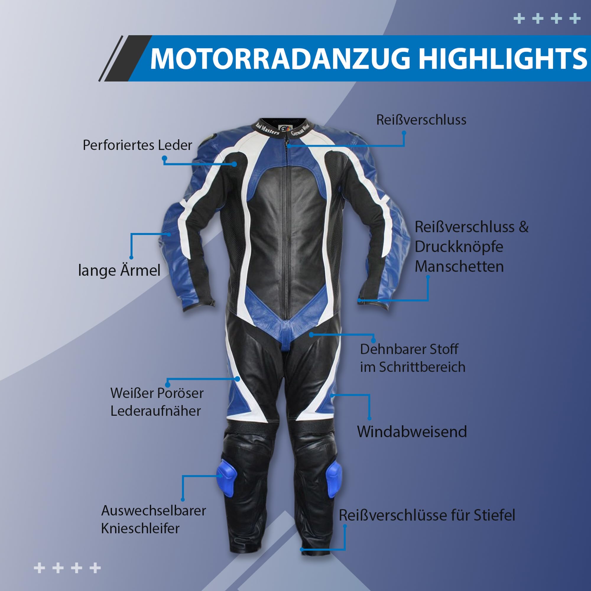 German Wear Einteiler Motorradkombi Lederkombi aus Büffelleder echtleder Kombi, 52/L, Farbe:Blau