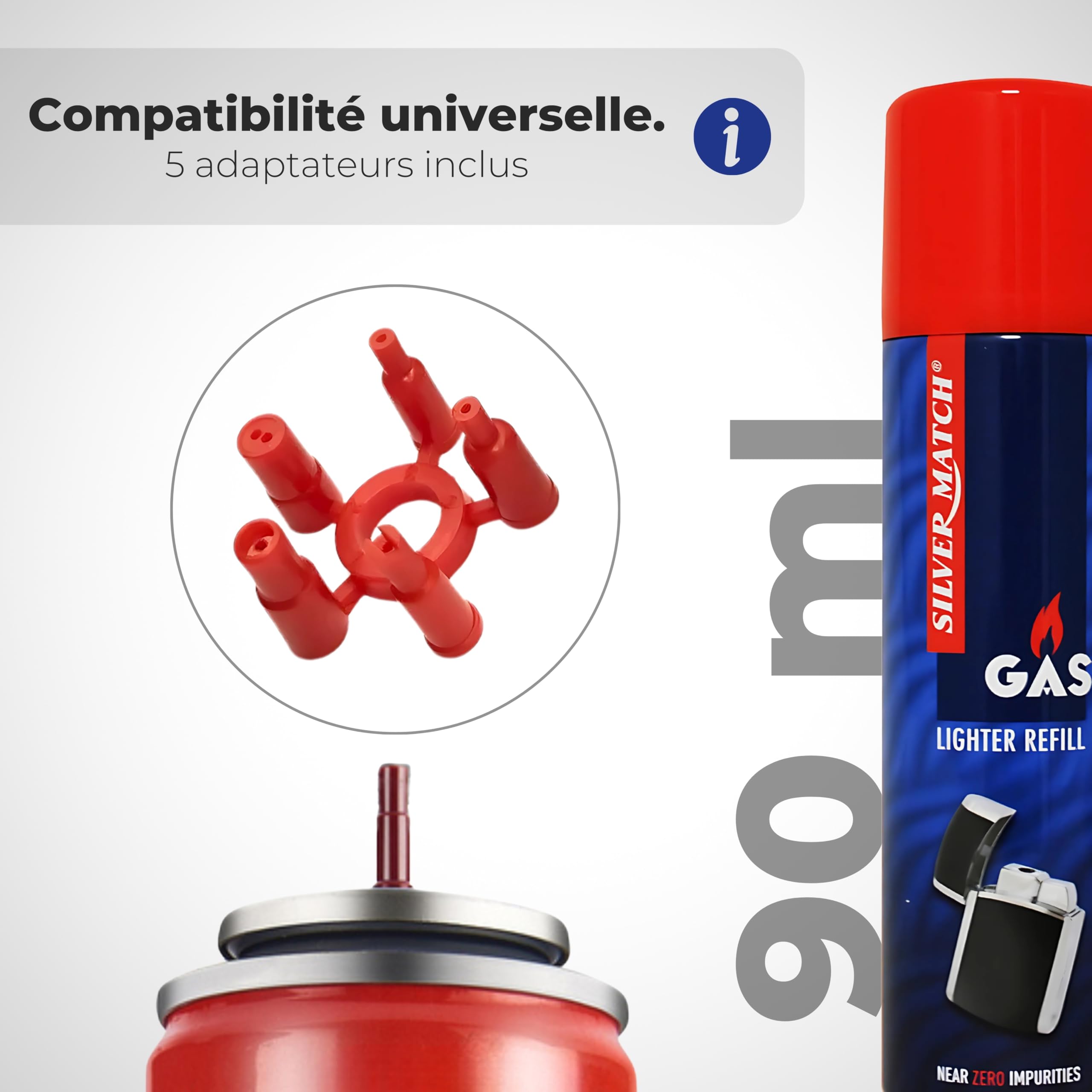 Silver Match Lot de 24 Recharges de Gaz 90 ML pour Briquet et Chalumeau de Cuisine, Gaz Butane Premium Pur, 5 Adaptateurs, Compatible Briquet Classique, Tempête, Chalumeau, Allume-Tout, D_40673310