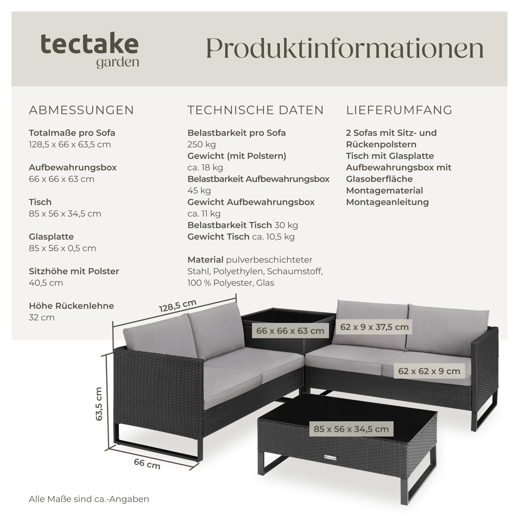 tectake® Poly Rattan Lounge Sitzgruppe, Gartenmöbel Set mit Sofa, Tisch mit Glasplatte, Auflagenbox, Outdoor Kissen wetterfest, Möbel für Garten, Balkon, Terrasse oder Wintergarten - schwarz