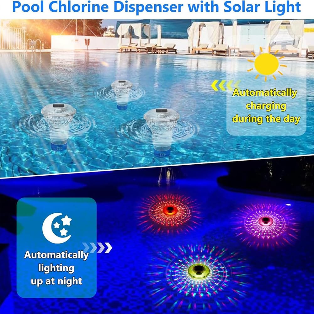 Solarny regulowany dozownik chloru do basenu z kolorowymi światłami, pływający dozownik chloru do basenu, spa