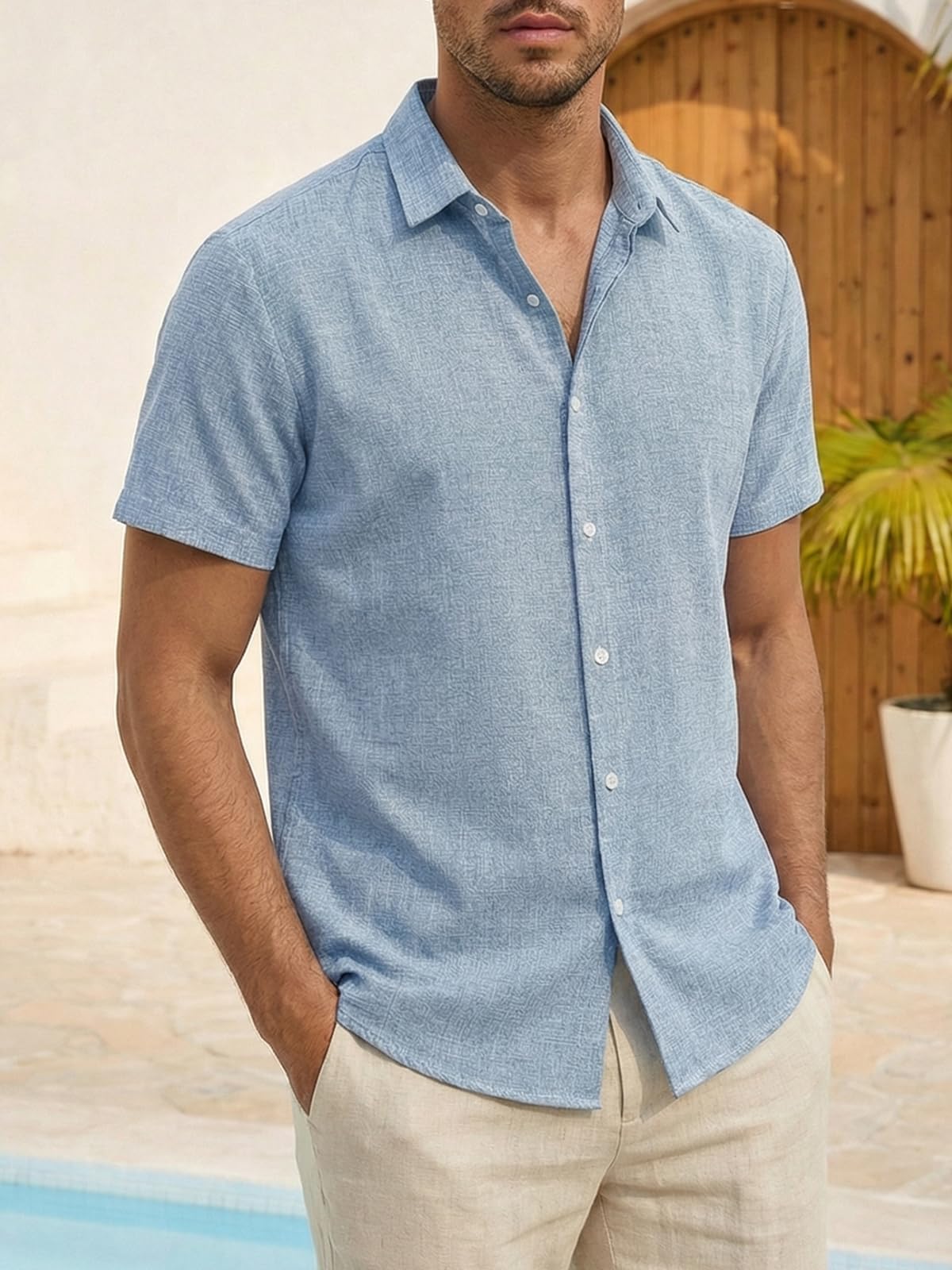 Camicia da uomo a maniche corte in lino, vestibilità normale, tinta unita, per matrimonio, business, spiaggia