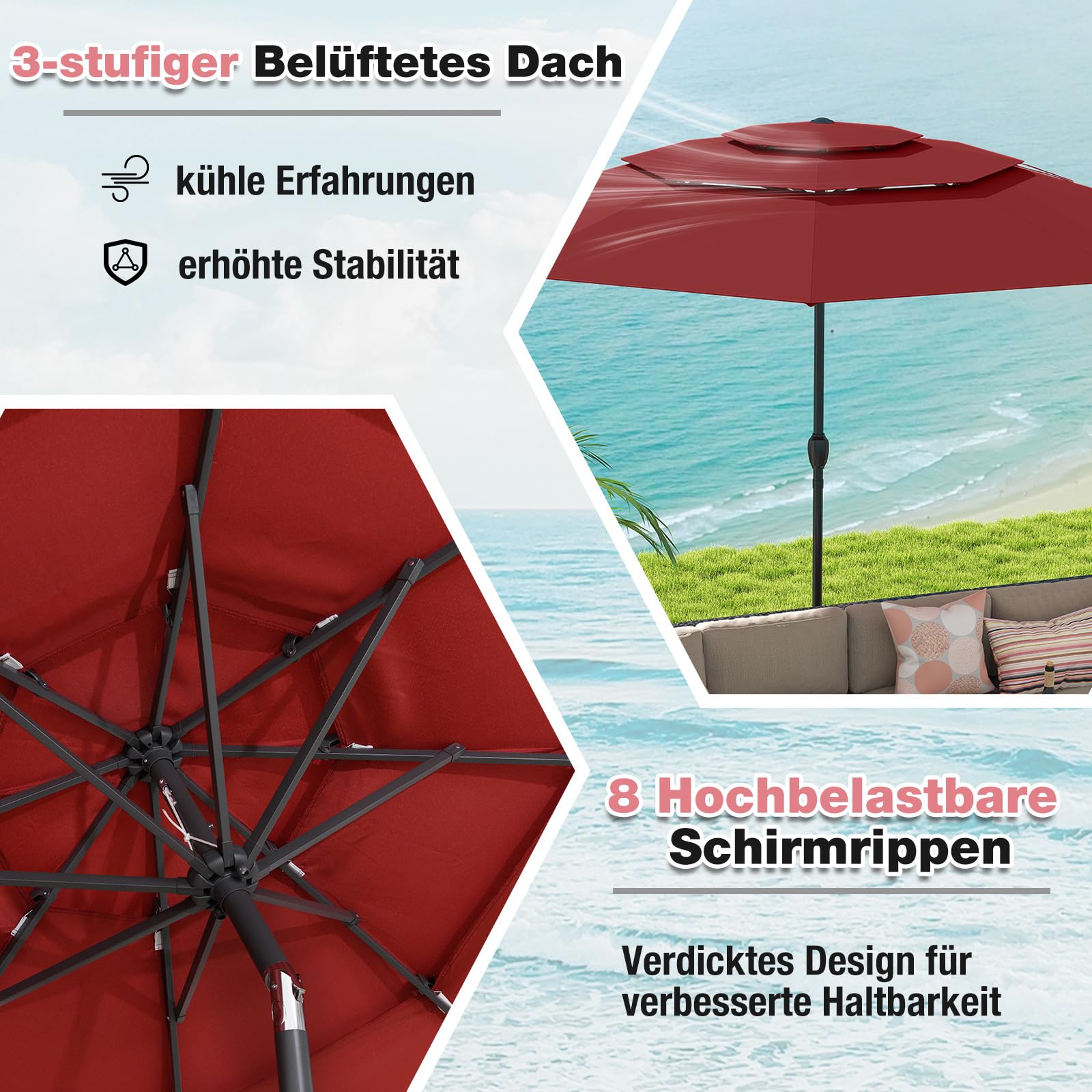 COSTWAY Sonnenschirm windfest stabil, 300 cm Gartenschirm mit Kurbel, beidseitig um 30° knickbar, UV-Schutz, Terrassenschirm belüftet, Marktschirm für Terrasse, Garten, Balkon (Weinrot)