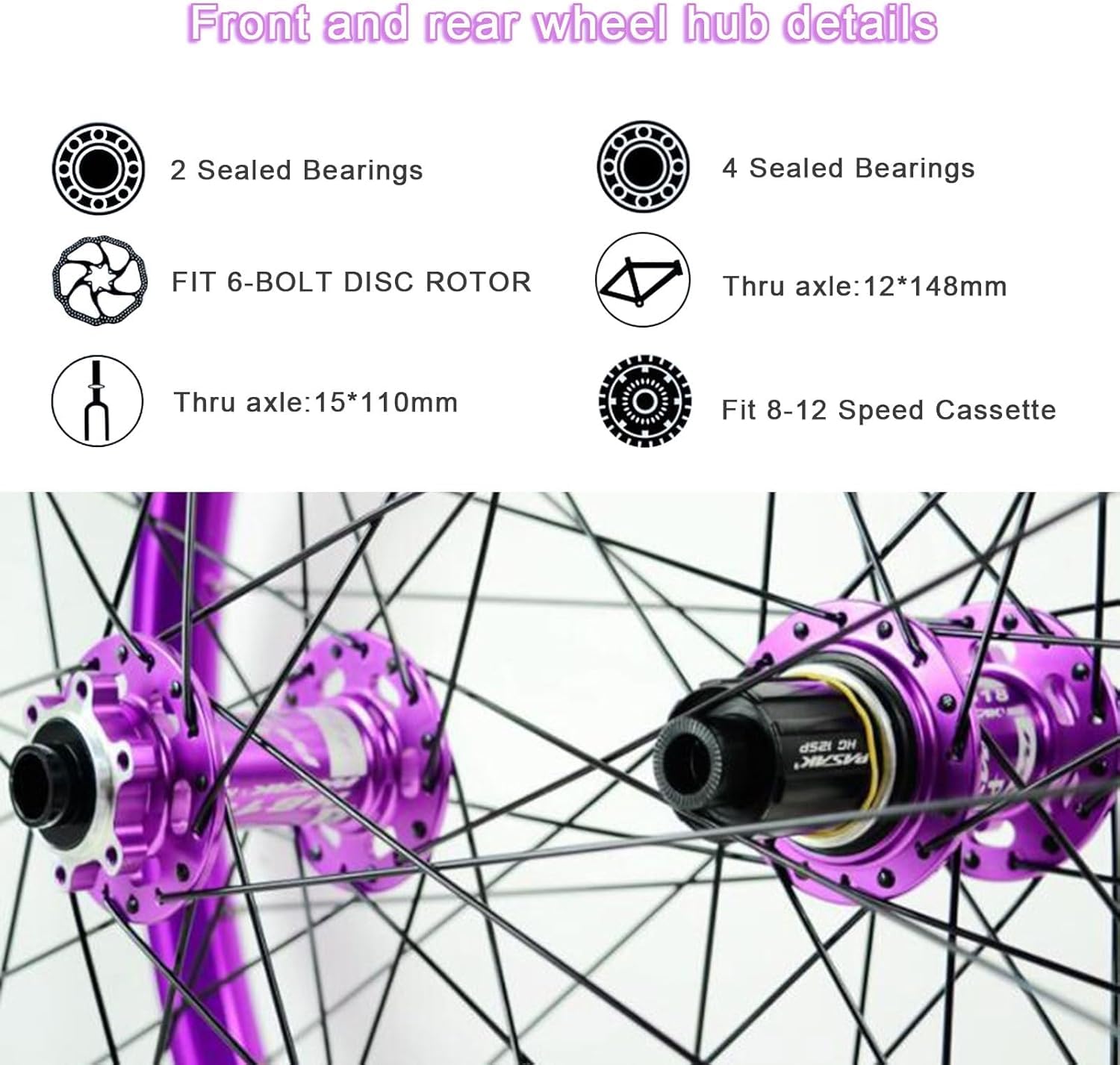 Freno A Disco Bici Ruota Posteriore Anteriore Thru Axle 26 27.5 29in Lega di Alluminio Mountain Bike Ruote Anteriori 2 Posteriori 4 Cuscinetti per 8-12s, Front Rear Wheels, 29inch