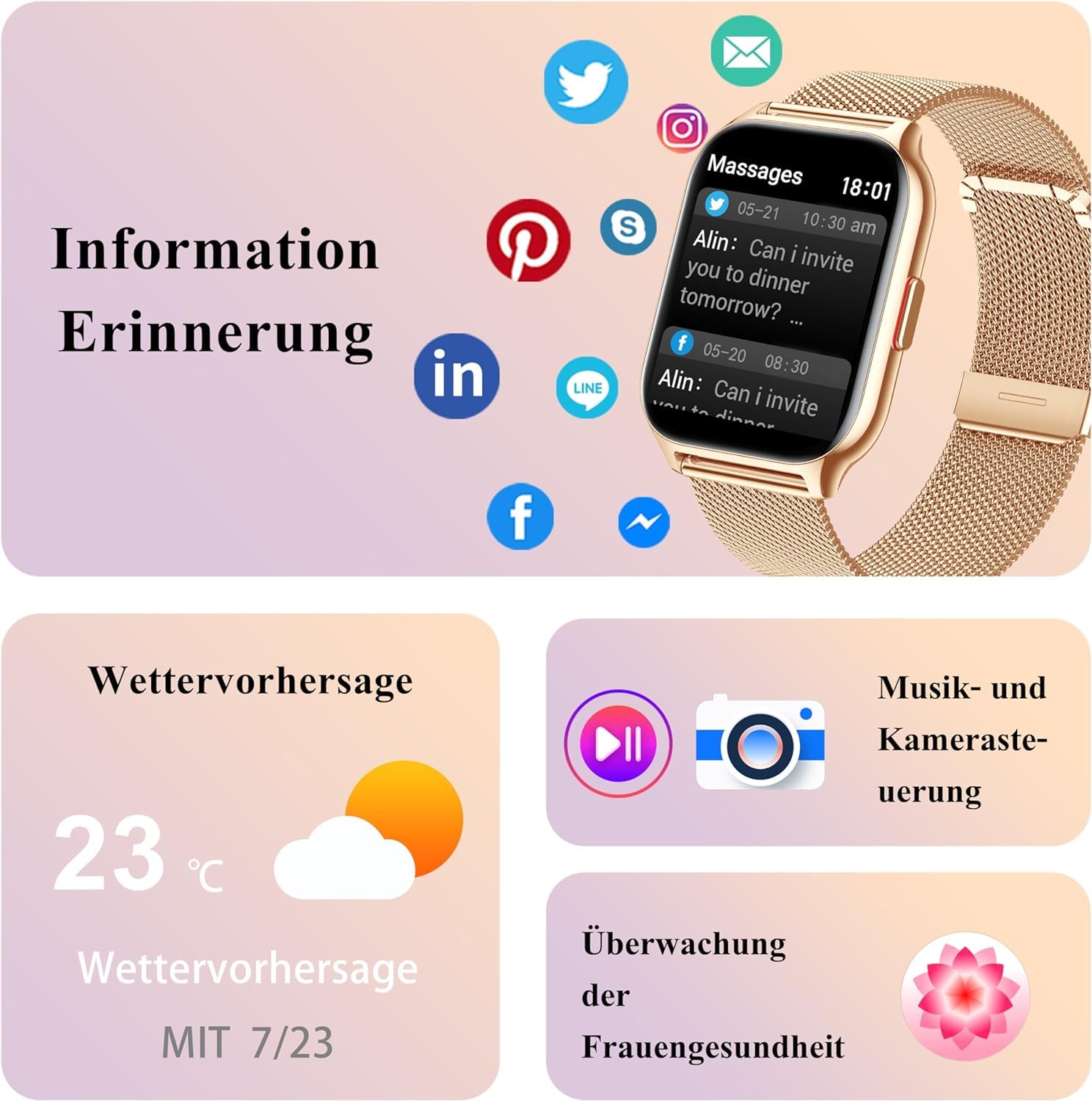 Popglory Smartwatch mit Telefonfunktion, Fitnesstracker 2 Zoll Touch-Farbdisplay,Blutdruckmessung Herzfrequenz Schlafmonitor SpO2, Sportuhr IPx8 Wasserdicht Schrittzähler für Damen Herren
