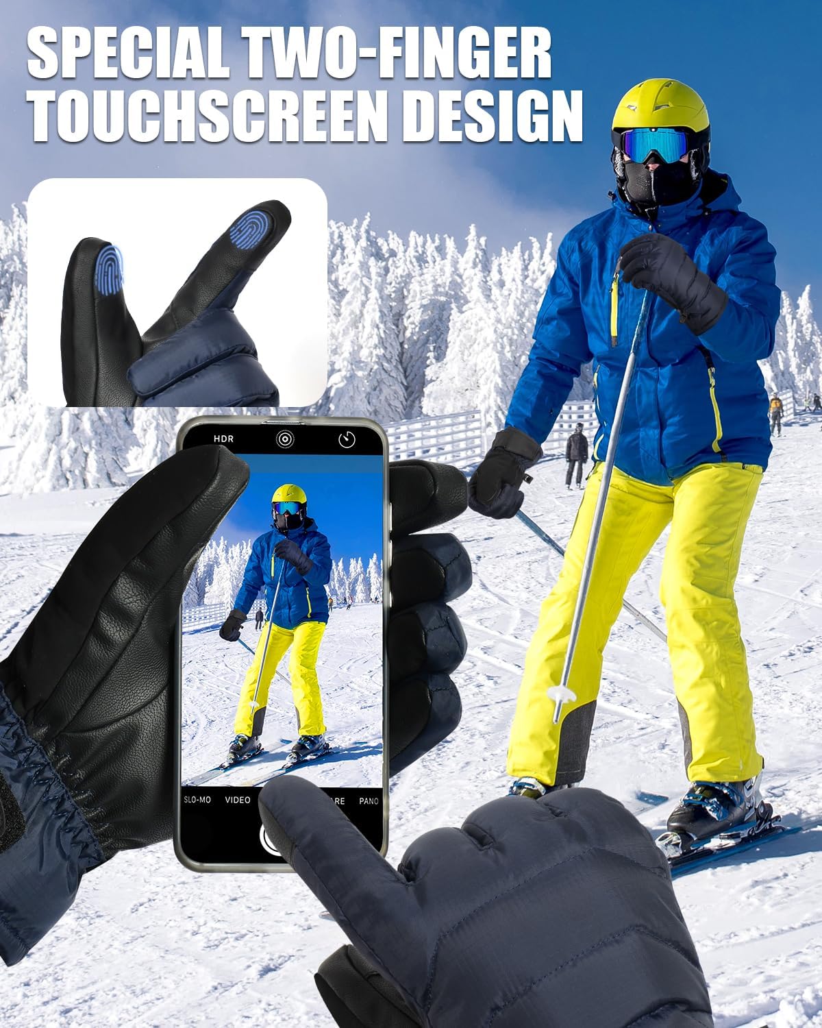 Pixel Panda Unisex-Adults Winter Gloves, Black, Duck Down, Goatskin, Waterproof, Touchscreen, Anti-Slip, Snow Gloves for Skiing, Walking, Running