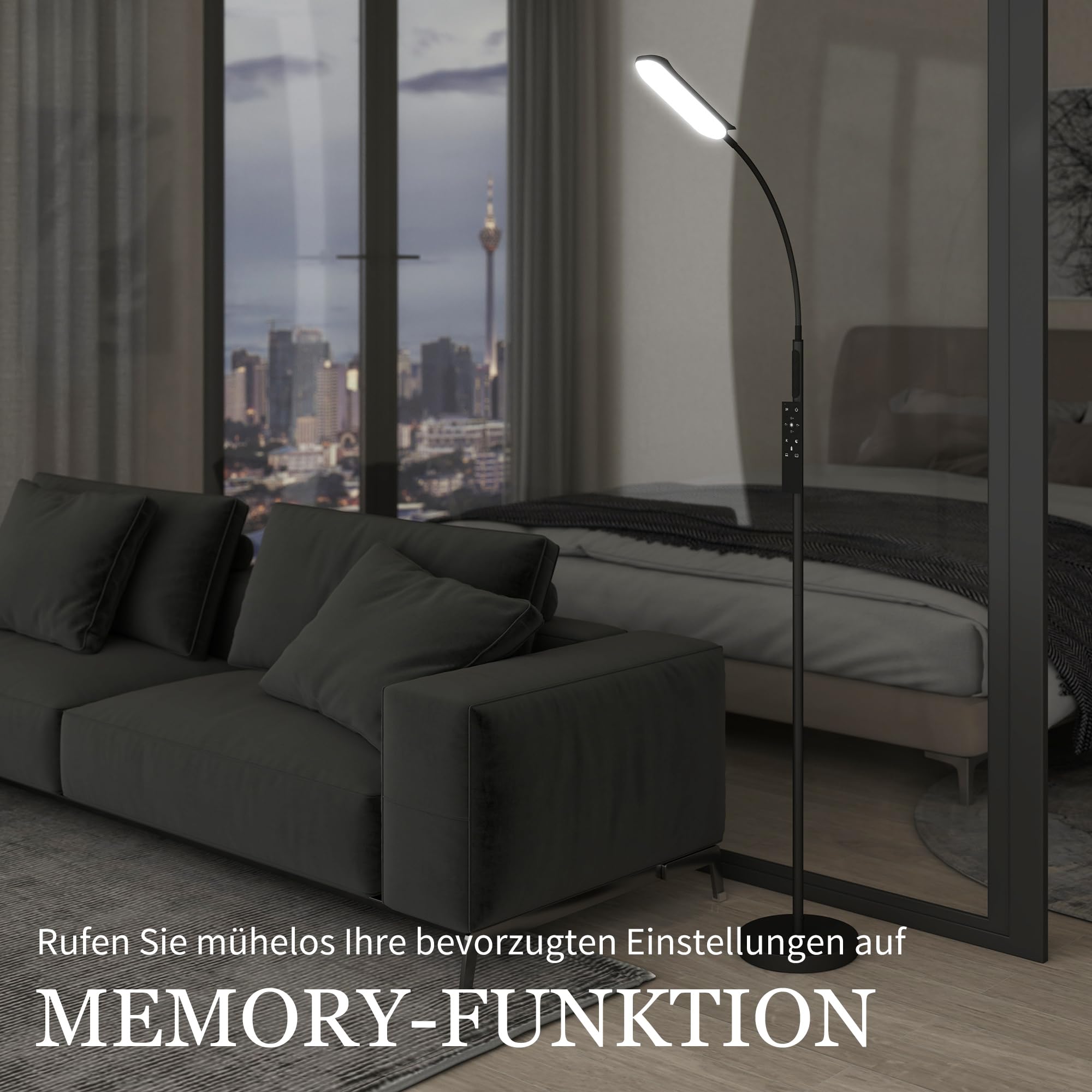 HOMCOM LED Floor Lamp, Standing Lamp with Remote & Touch Control, Stepless Dimmable Colours Temperature & Brightness, 360° Adjustable Gooseneck, 1 Hour Timer, Memory Function for Living Room, Black