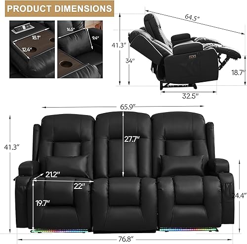 Miniatura 3 de URRED Sofá reclinable de dos plazas con masaje y calor, diseño de respaldo central abatible de 3 asientos, sofá reclinable eléctrico para