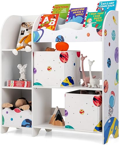 Miniatura 10 de HONEY JOY Organizador de almacenamiento de juguetes para niños, unidad de almacenamiento de madera con 2 cajas, estantería de exhibición para niños