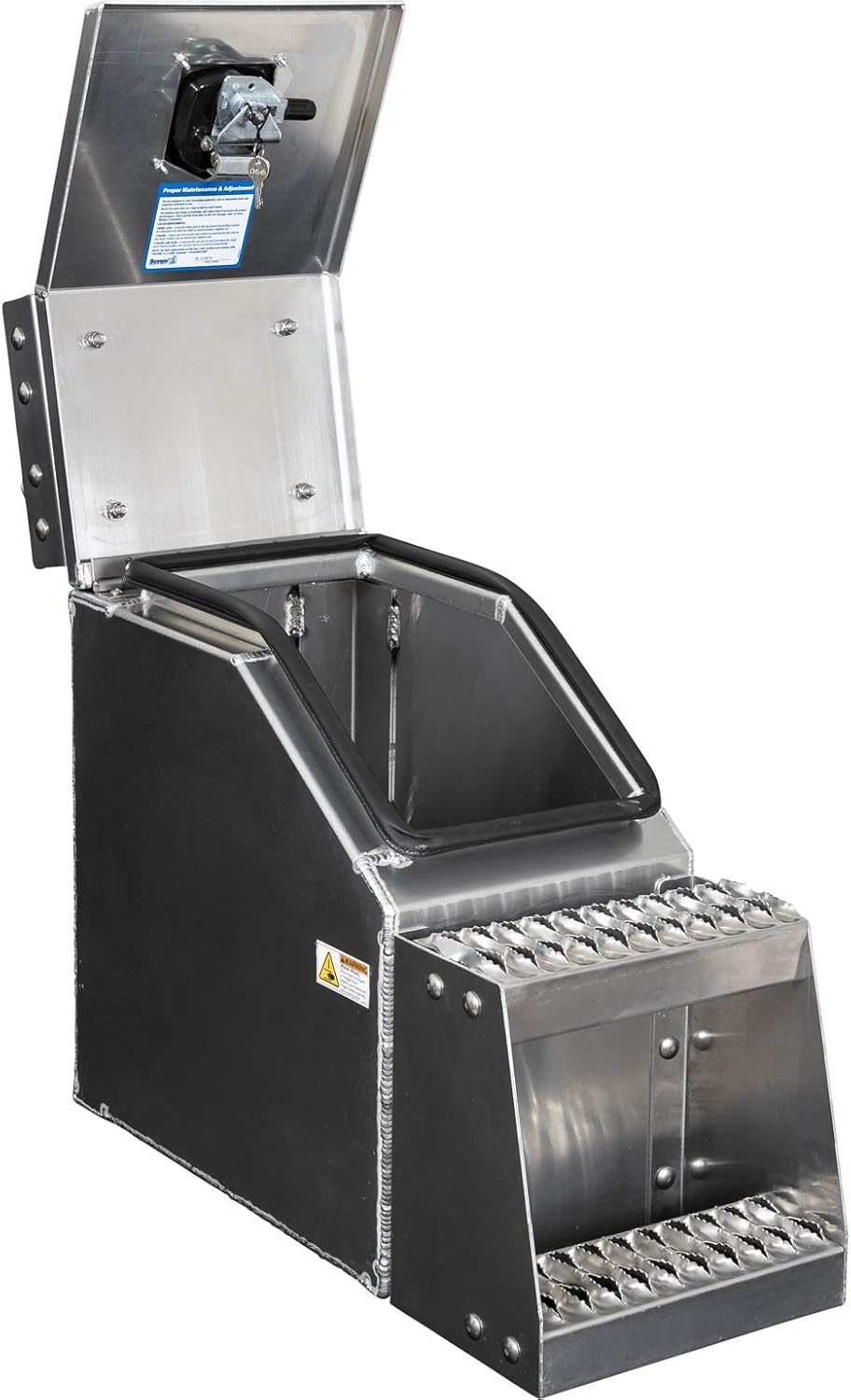 Buyers Products 1705280 Silver Smooth Aluminum WideOpen Class 8 Saddle Step Box, 28.5 x 12.25 x 23.3 Inch, Frame Steps with Side Storage, Locking Die-cast Compression Latch, Semi-Truck Tool Box