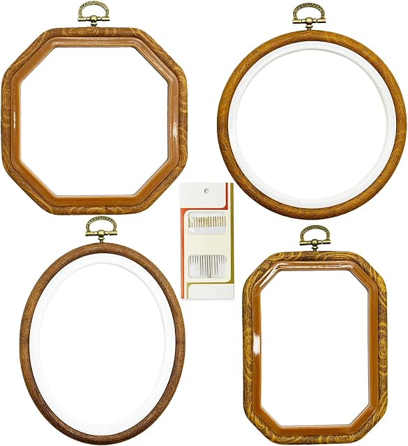 4 Sizes Imitated Wood Multiple Shapes Embroidery Hoop Set Plastic Circle Cross Stitch Hoop Rings for DIY Craft Sewing,Including 16pcs Gold Eye Sewing Needles
