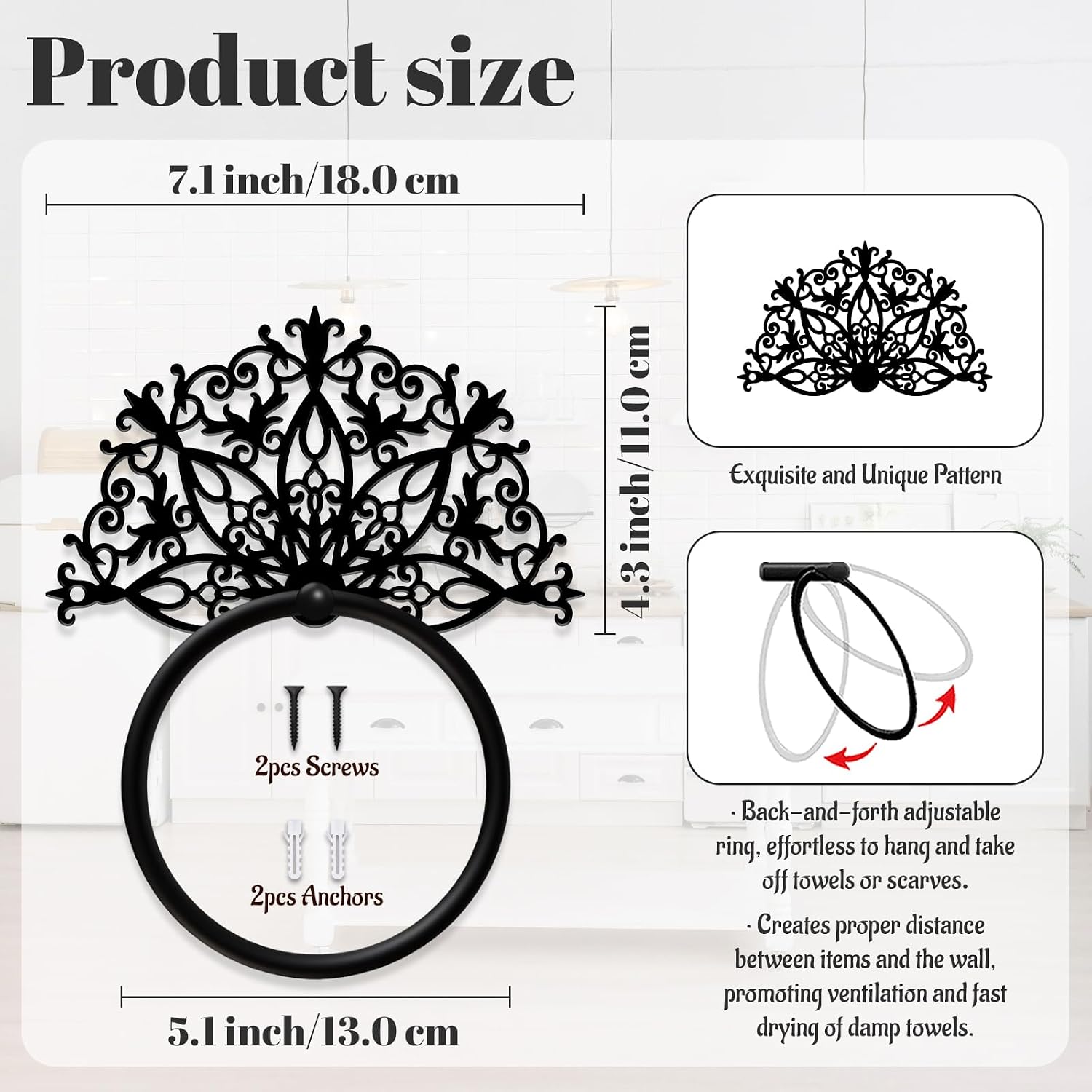 Victorian Retro Pattern Towel Ring Black Hand Towel Holder for Bathroom Rustic Hand Cloth Ring Bath Facecloth Holders Wall Mount Round Washcloth Racks for Bathroom Kitchen Decor image 2