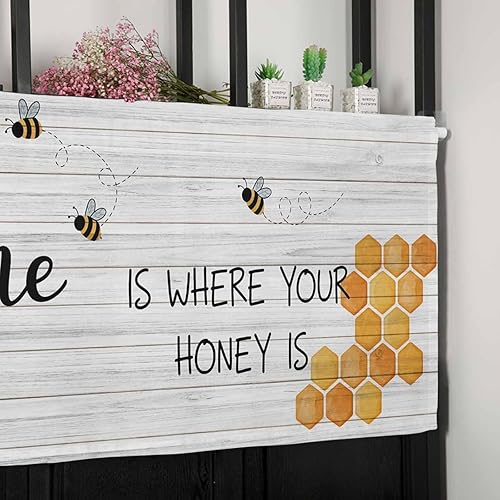 Miniatura 7 de Cortina de cenefa de ventana con diseño de abejas de miel, Home is Where Your Honey is Bee de grano de madera rústica, cortina opaca con bolsillo