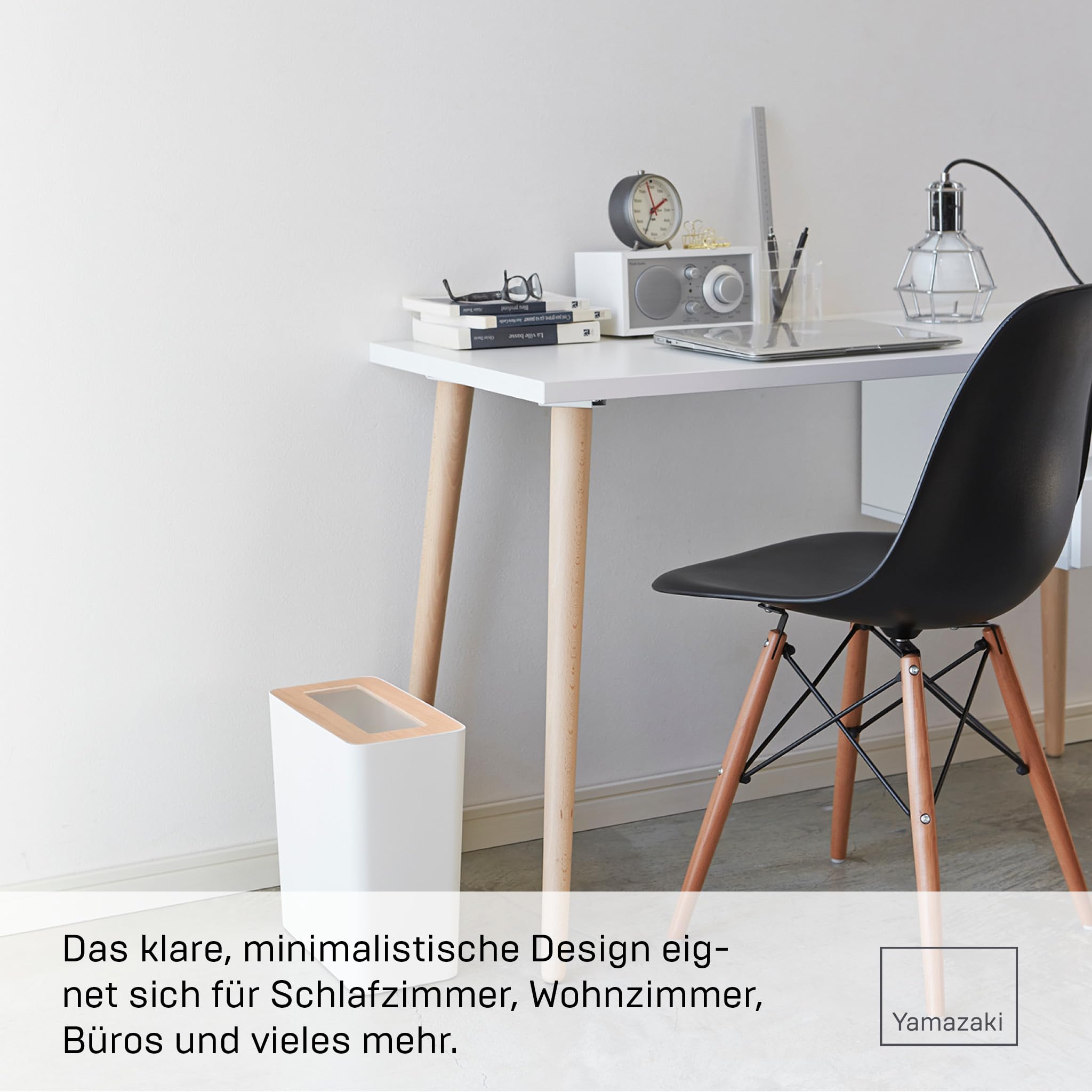 YAMAZAKI Rin Papierkorb, weiß | Stahl / Holz, 10 L, Metallring im Inneren, Verstäckt Mülltüten, 15 x 28 x 30 cm, Japanisches Design